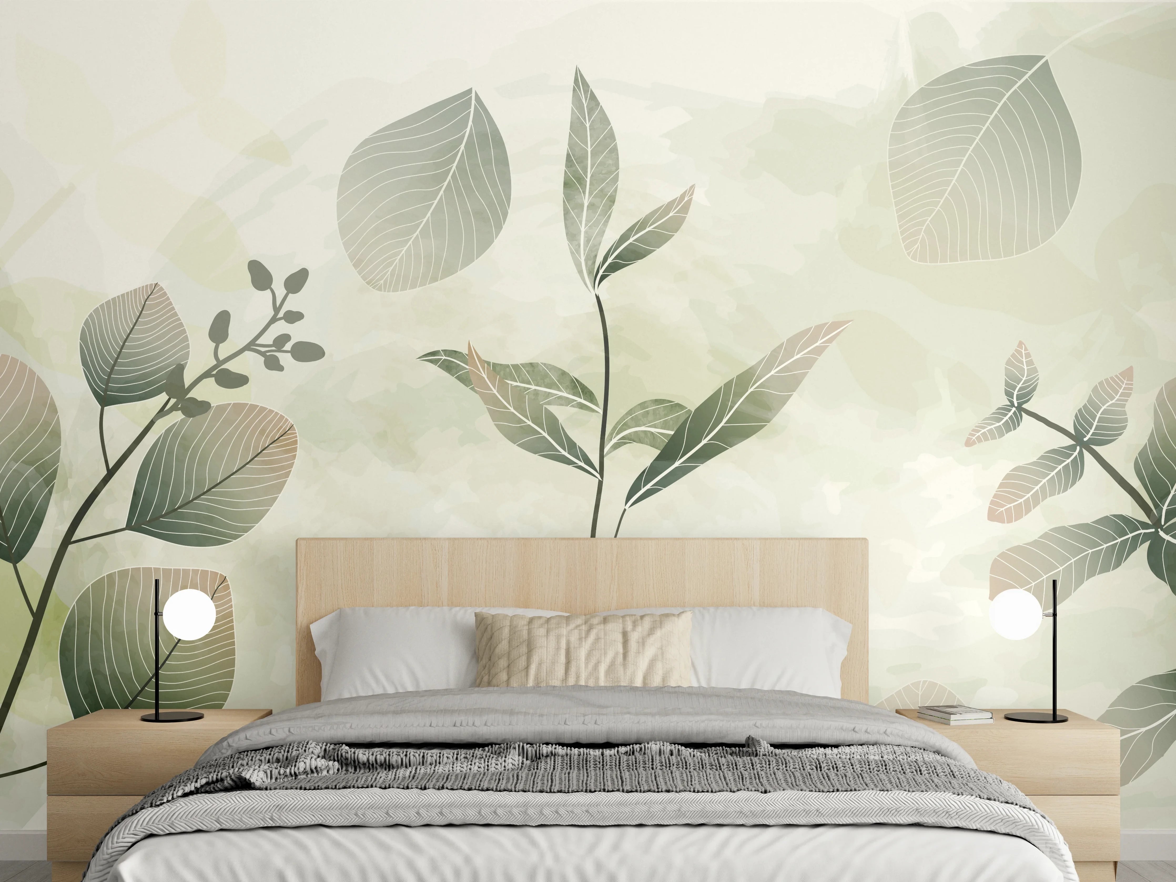 Wandverkleidung Schlafzimmer - Pflanzenmuster in Grüntönen
