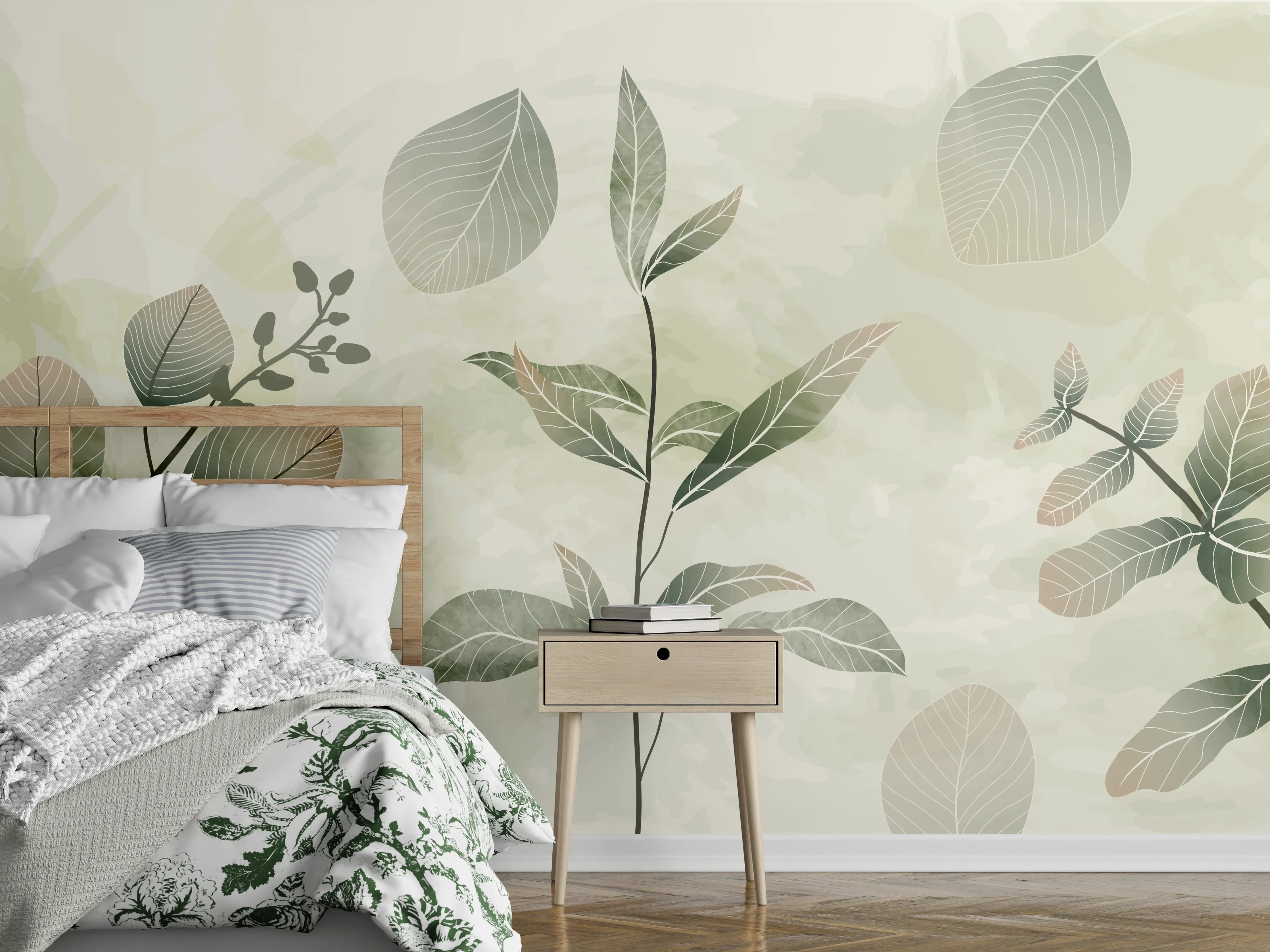 Wandverkleidung Schlafzimmer - Pflanzenmuster in Grüntönen