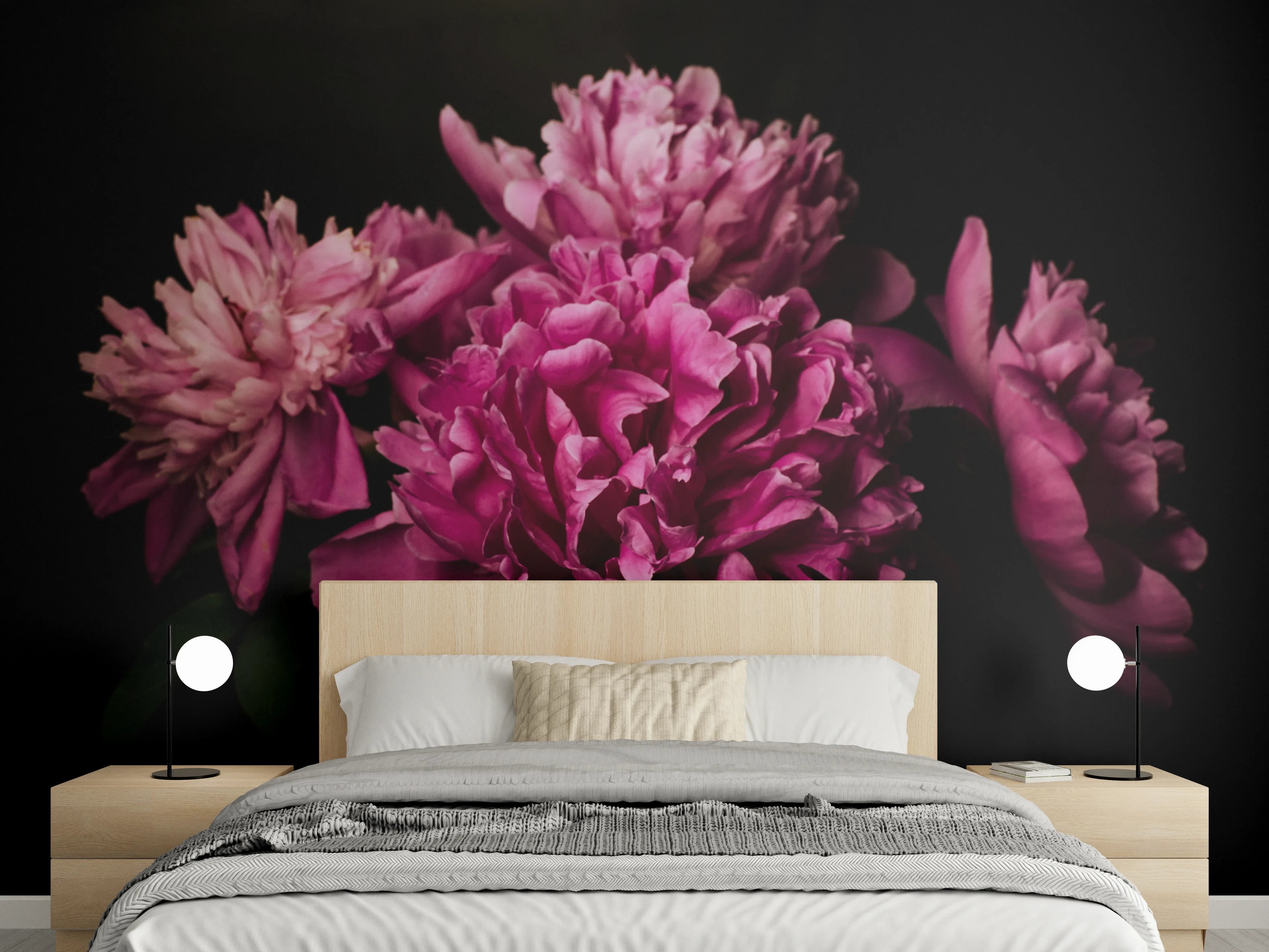 Wandverkleidung Schlafzimmer - Pinke Pfingstrosen auf dunklem Hintergrund