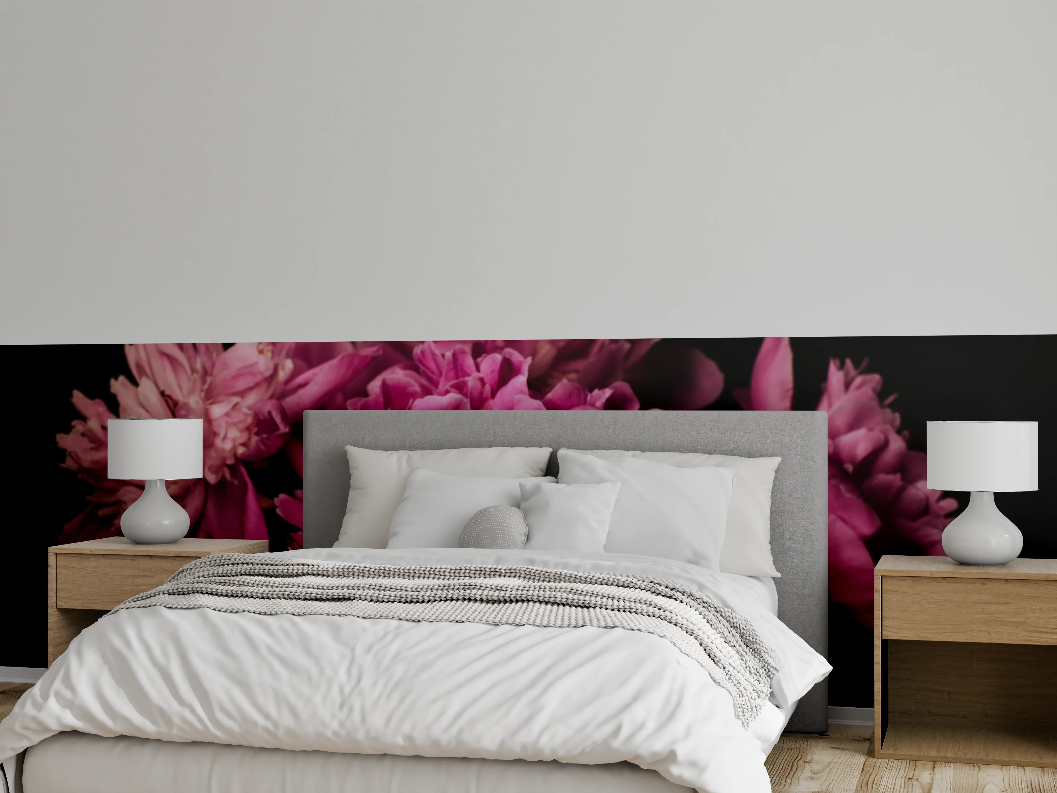 Wandverkleidung Schlafzimmer - Pinke Pfingstrosen auf dunklem Hintergrund