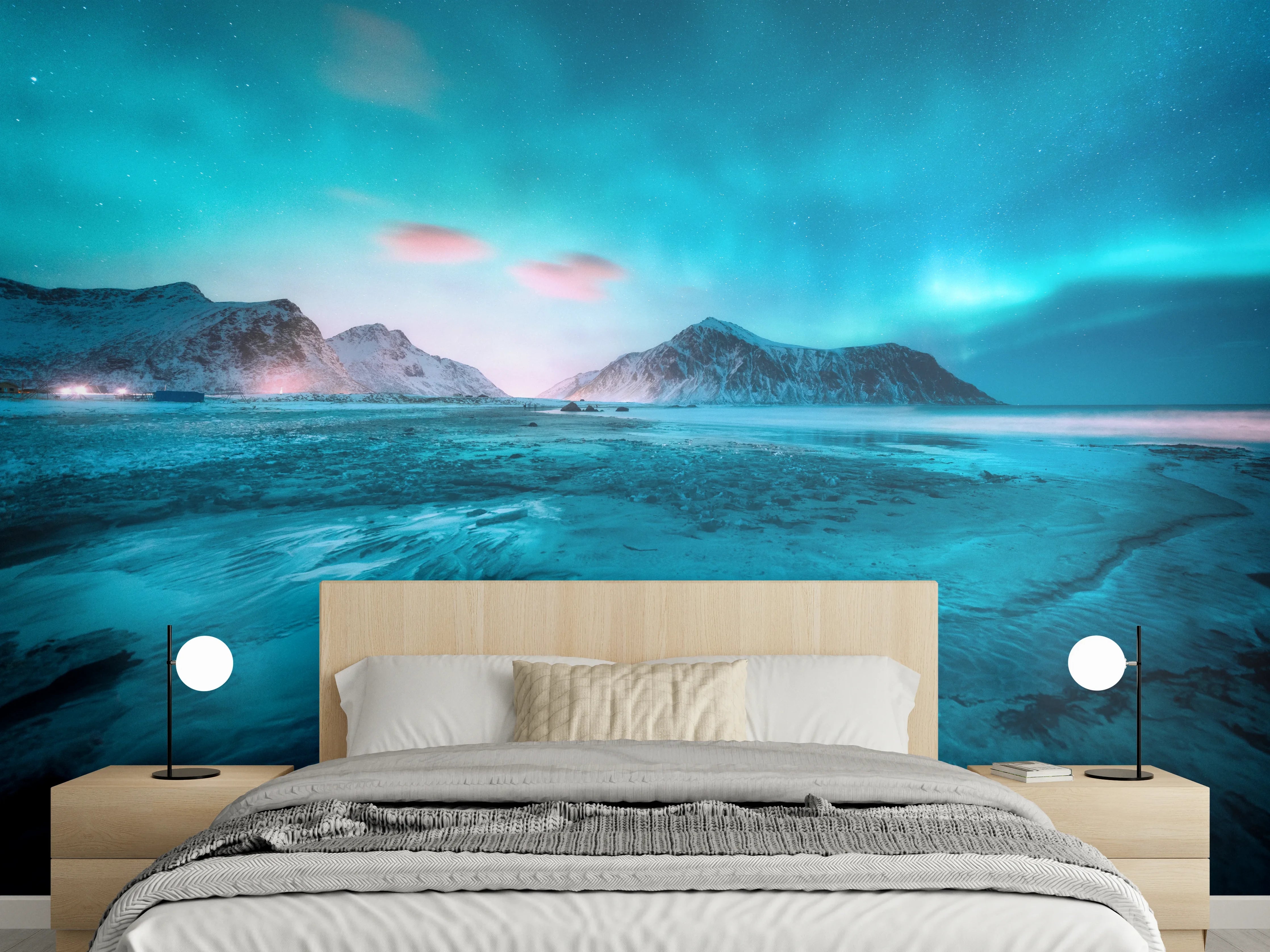 Wandverkleidung Schlafzimmer - Polarlicht über vereister Polarlandschaft