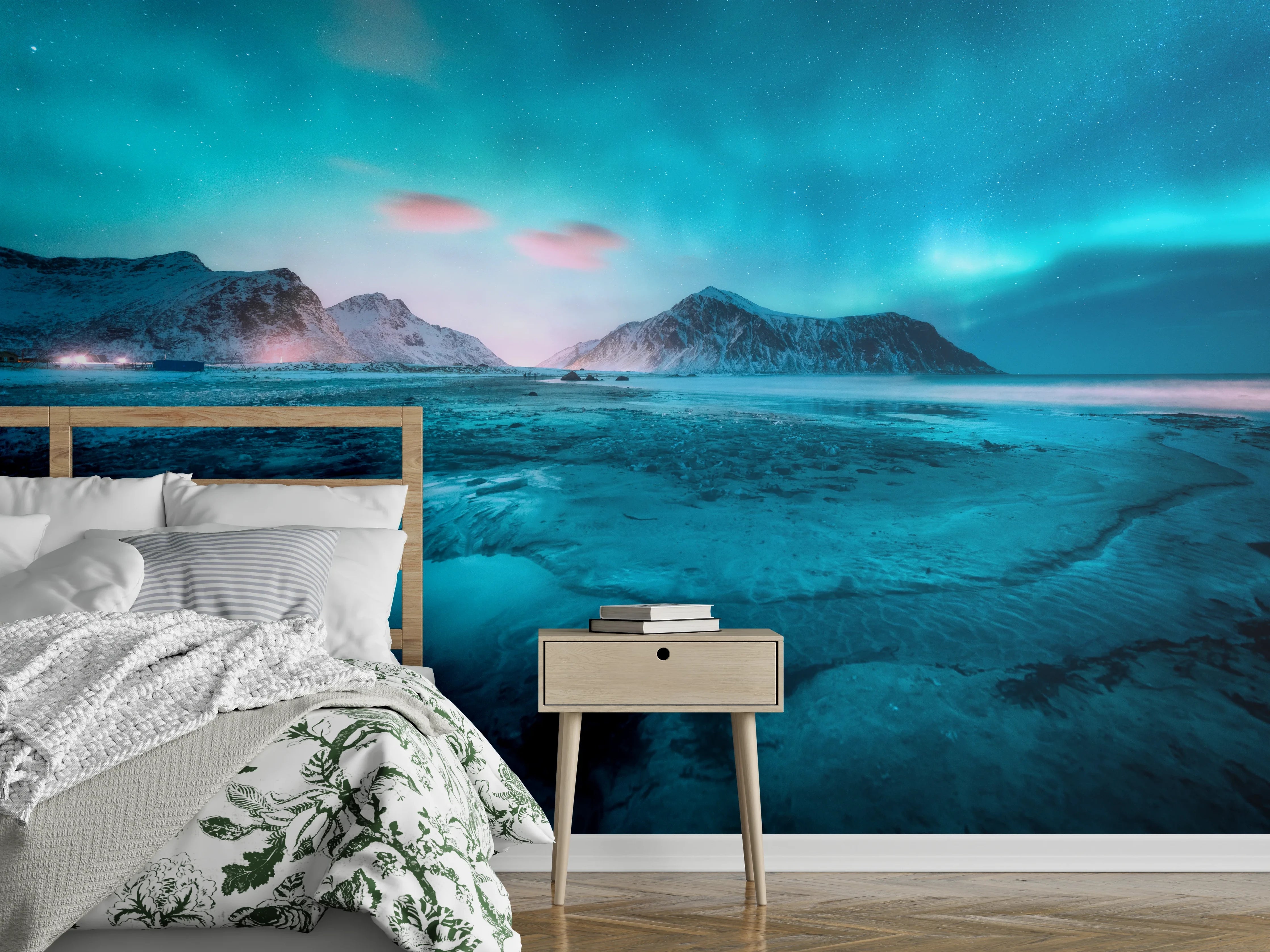 Wandverkleidung Schlafzimmer - Polarlicht über vereister Polarlandschaft