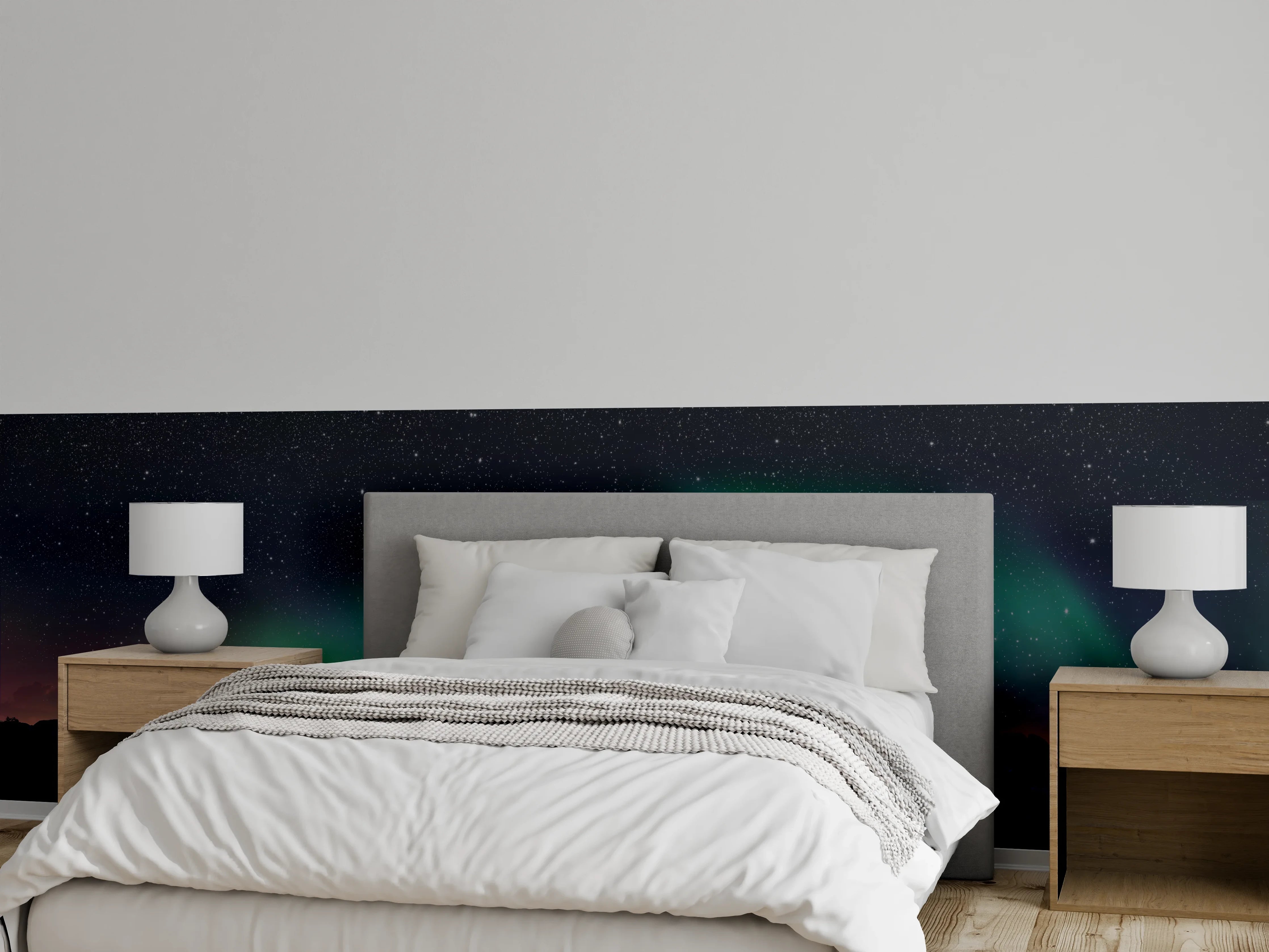 Wandverkleidung Schlafzimmer - Polarlichter über Berglandschaft Panorama