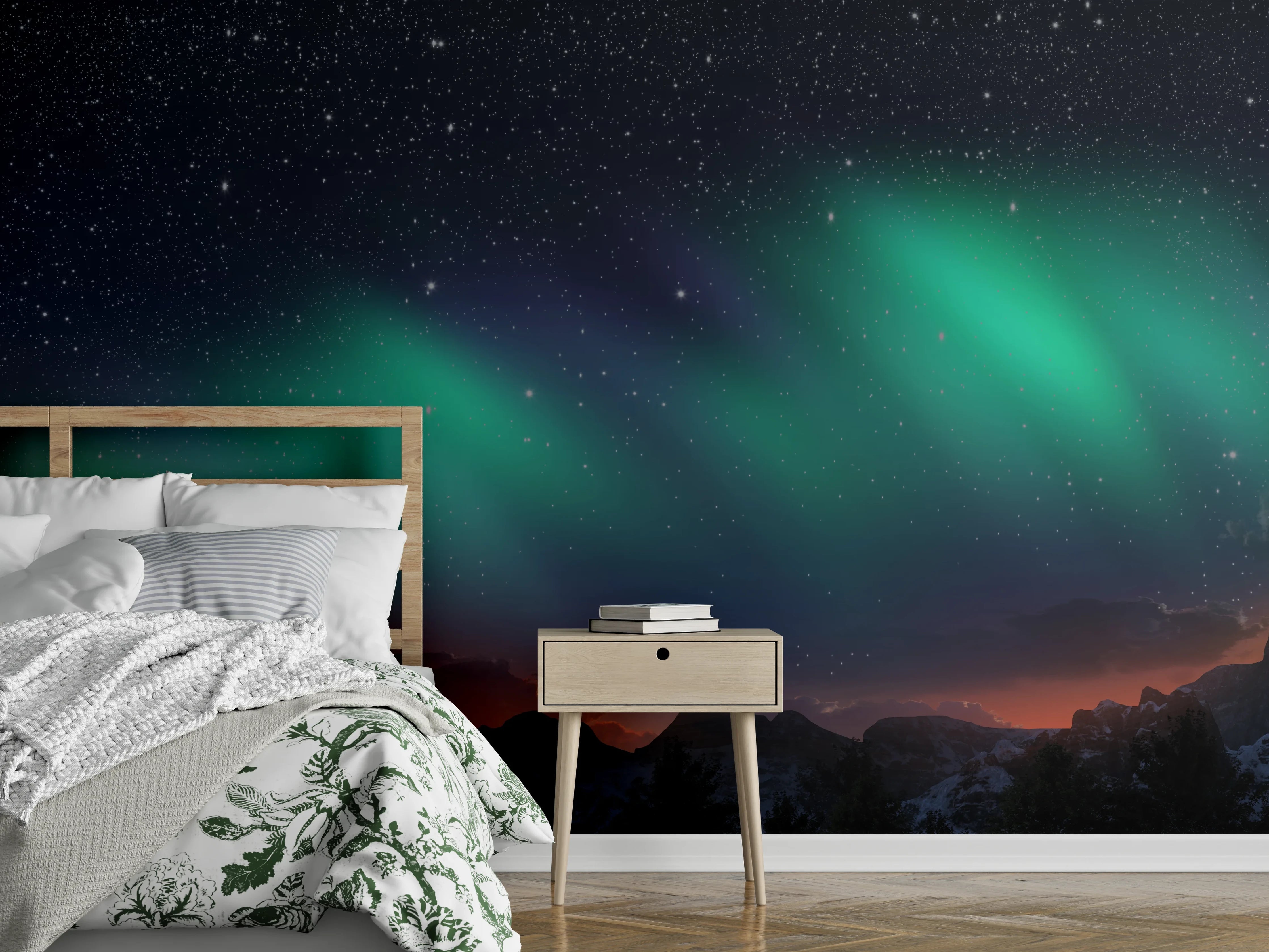 Wandverkleidung Schlafzimmer - Polarlichter über Berglandschaft Panorama