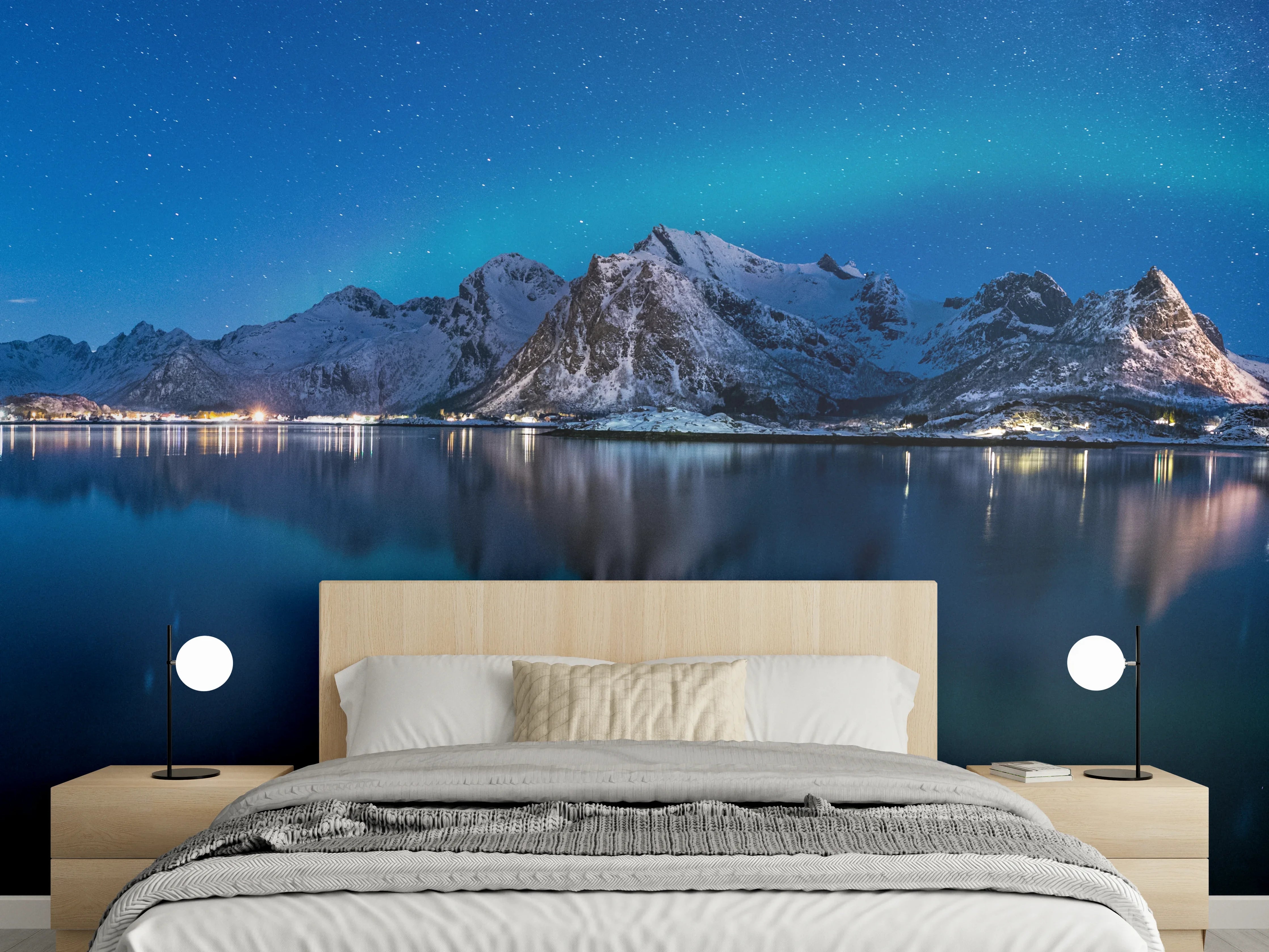 Wandverkleidung Schlafzimmer - Polarlichter und Berge am See