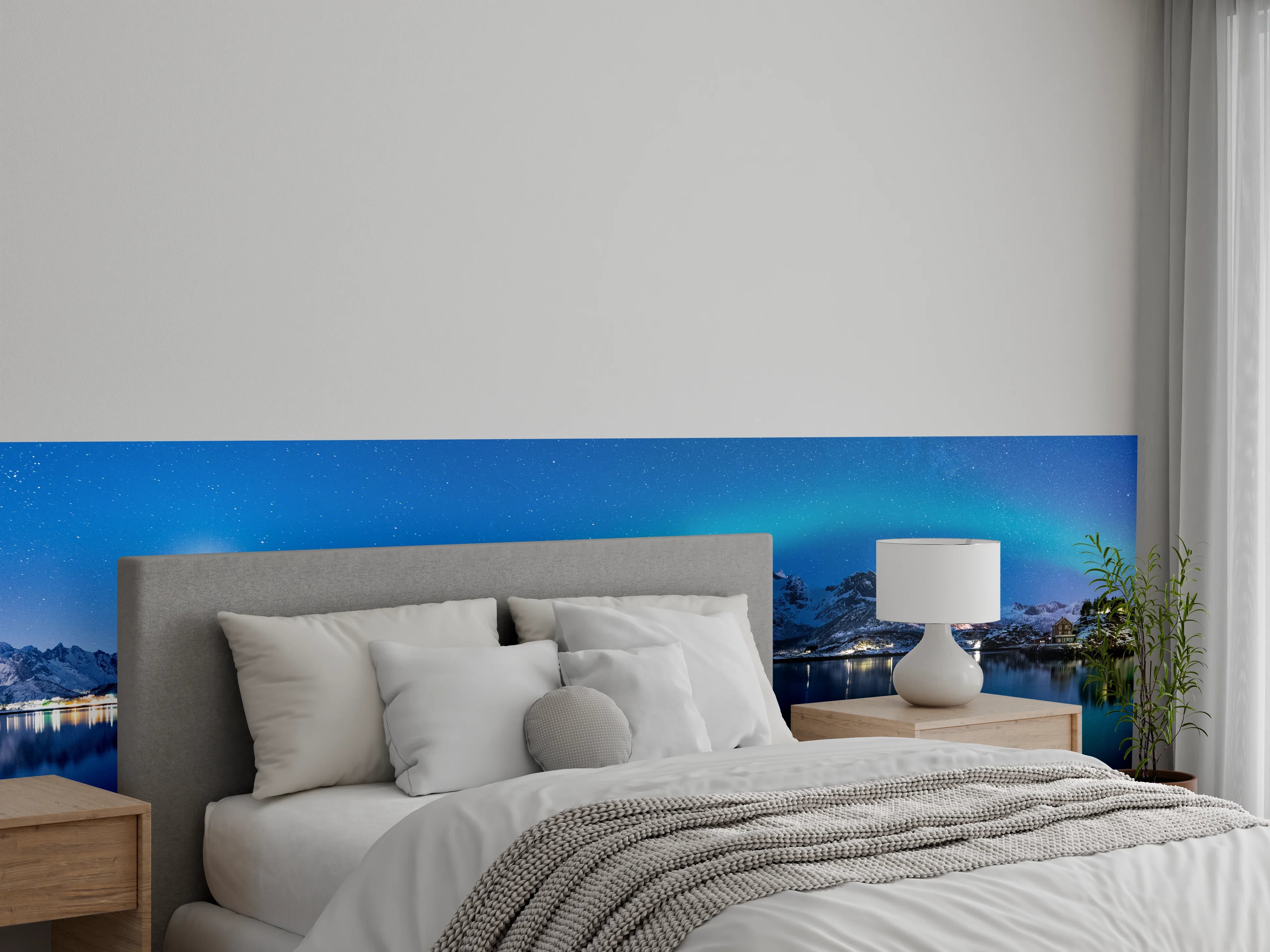 Wandverkleidung Schlafzimmer - Polarlichter und Berge am See