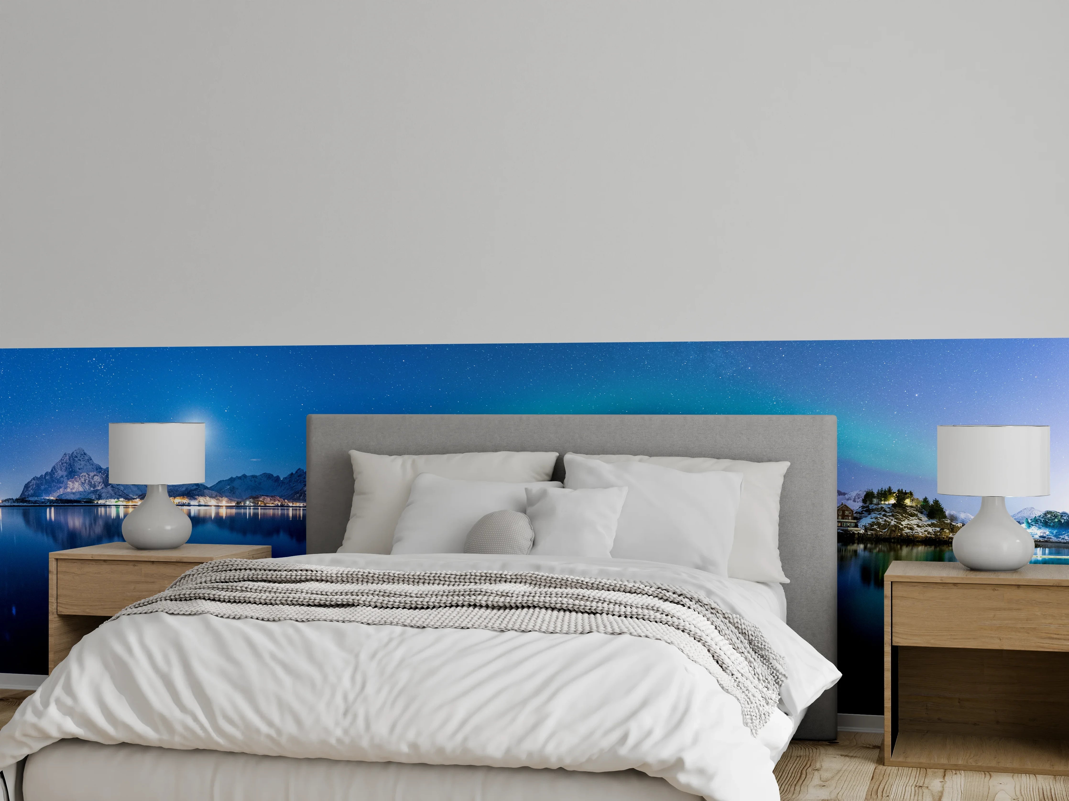 Wandverkleidung Schlafzimmer - Polarlichter und Berge am See