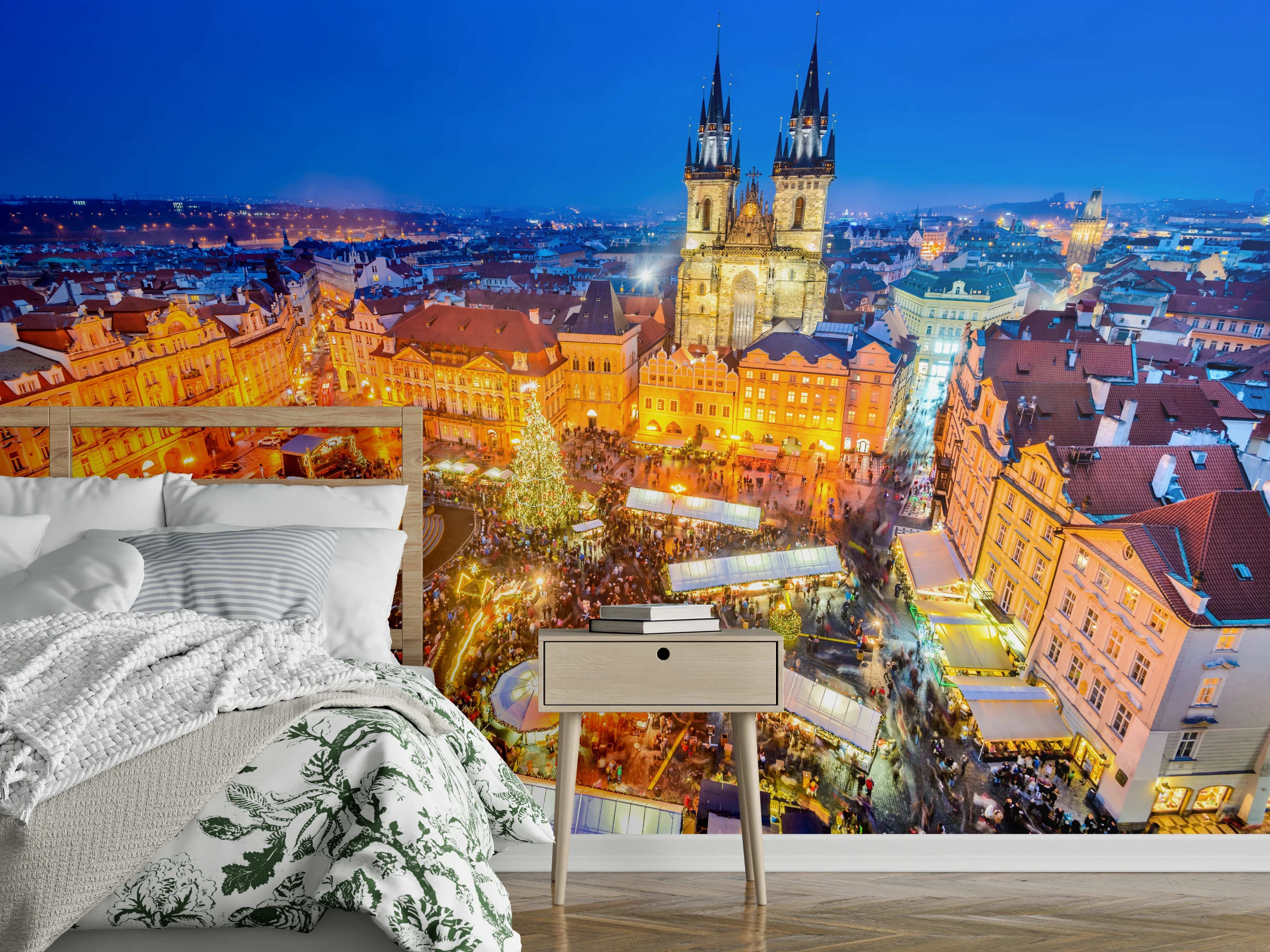 Wandverkleidung Schlafzimmer - Prager Altstadt-Weihnachtsmarkt bei Nacht