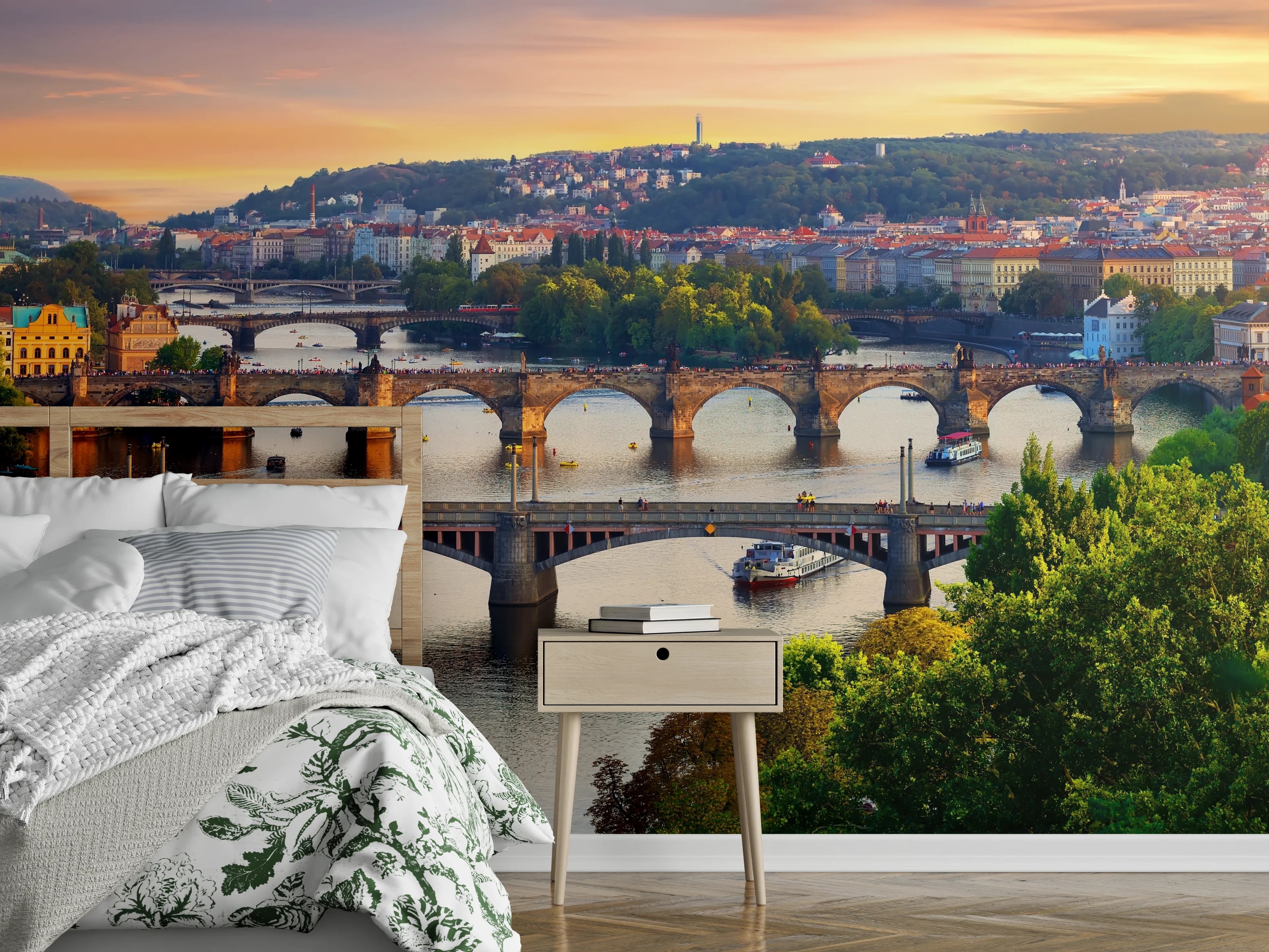 Wandverkleidung Schlafzimmer - Prager Brückenpanorama bei Sonnenuntergang