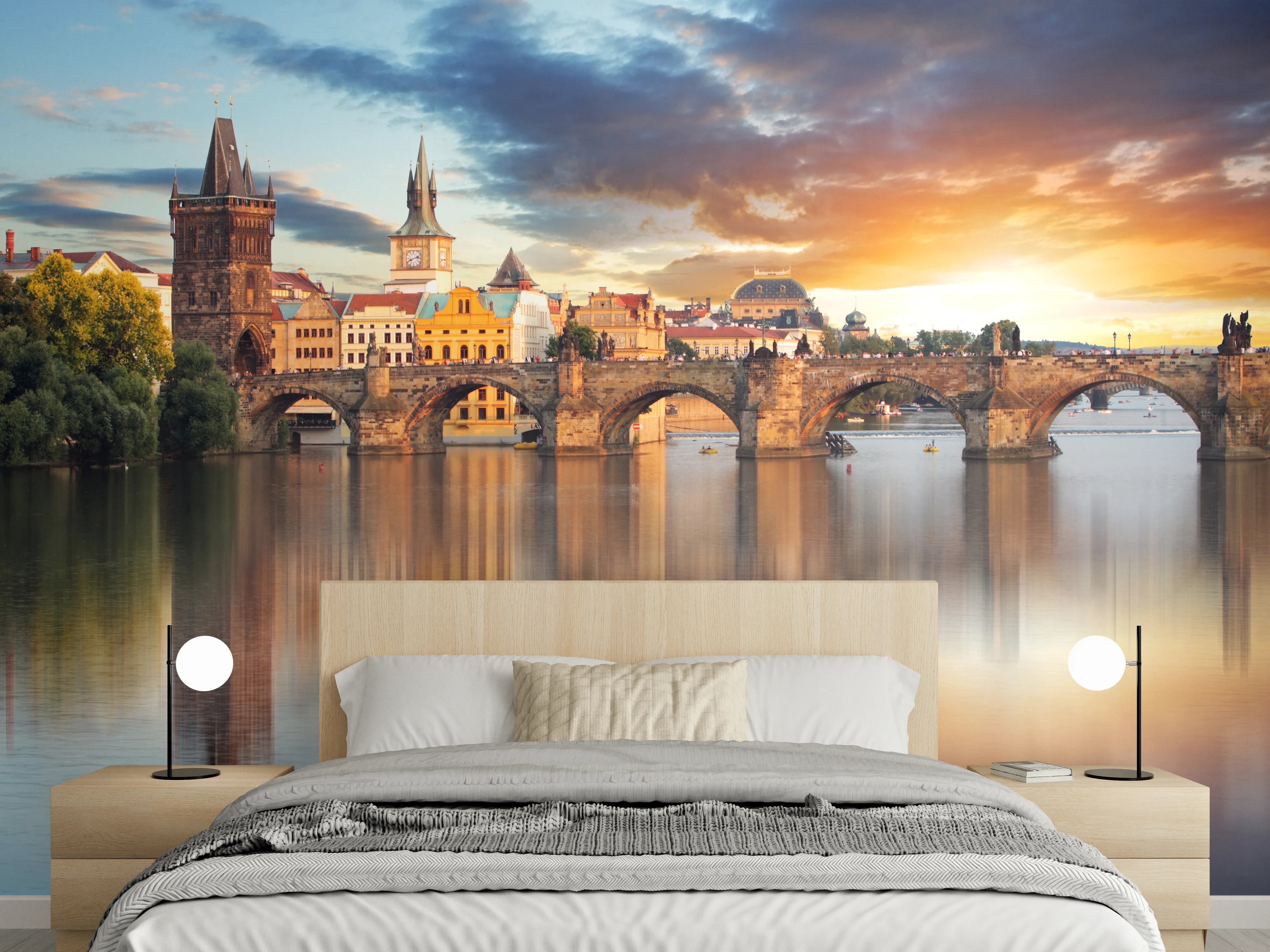 Wandverkleidung Schlafzimmer - Prager Karlsbrücke im Sonnenaufgang