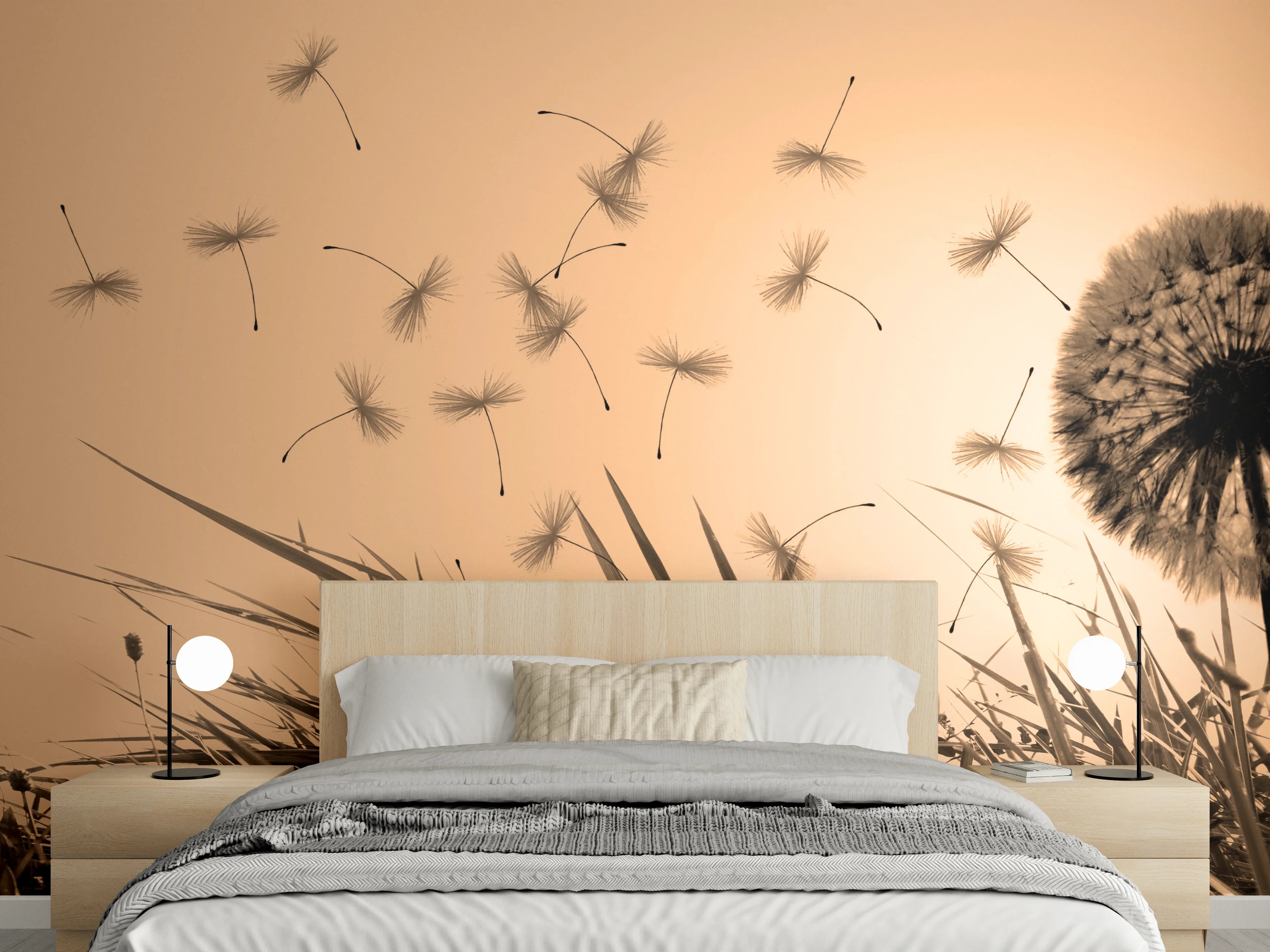 Wandverkleidung Schlafzimmer - Pusteblume im Sonnenuntergang – Sepia