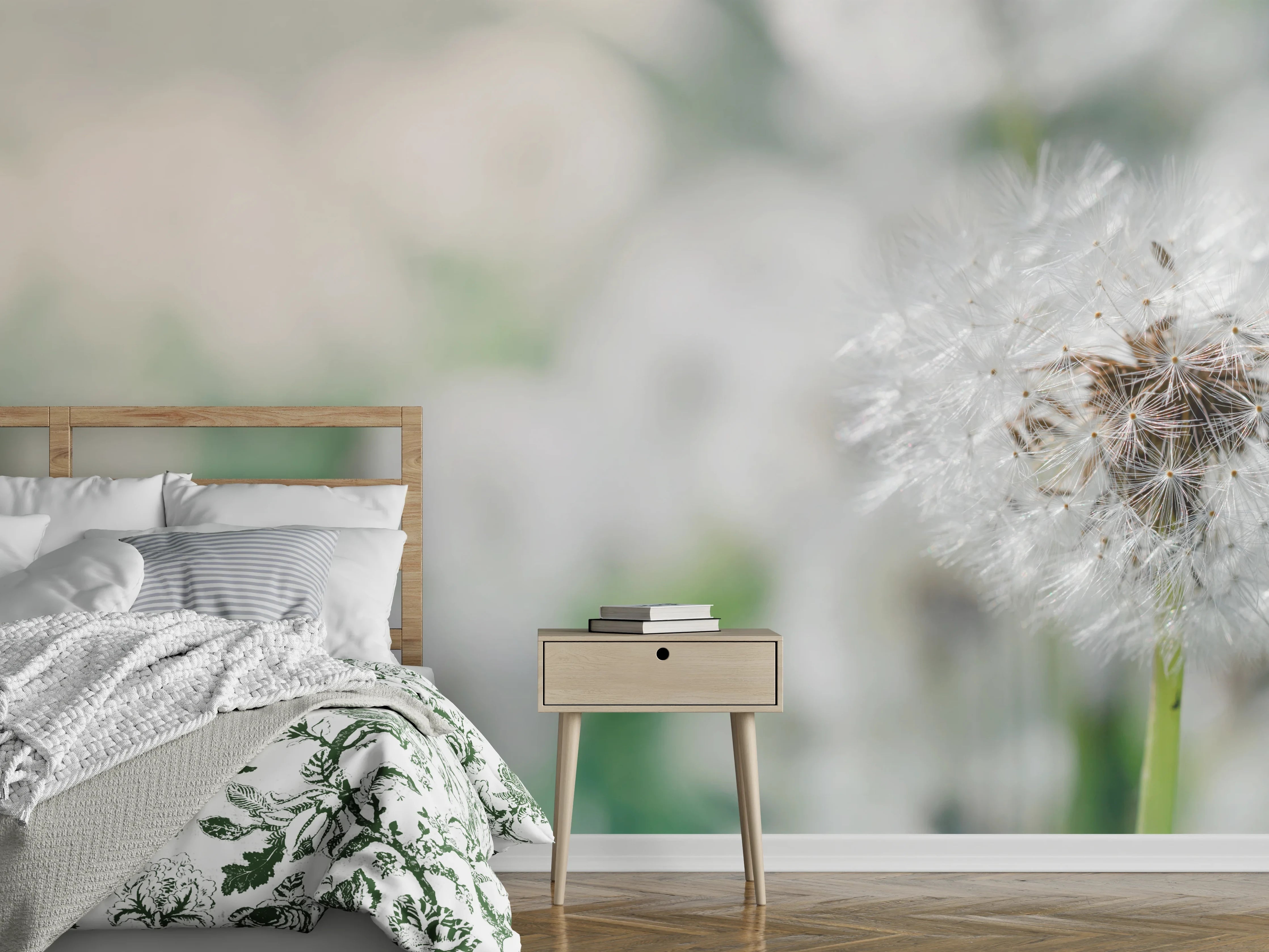 Wandverkleidung Schlafzimmer - Pusteblume in Türkis-Weiß
