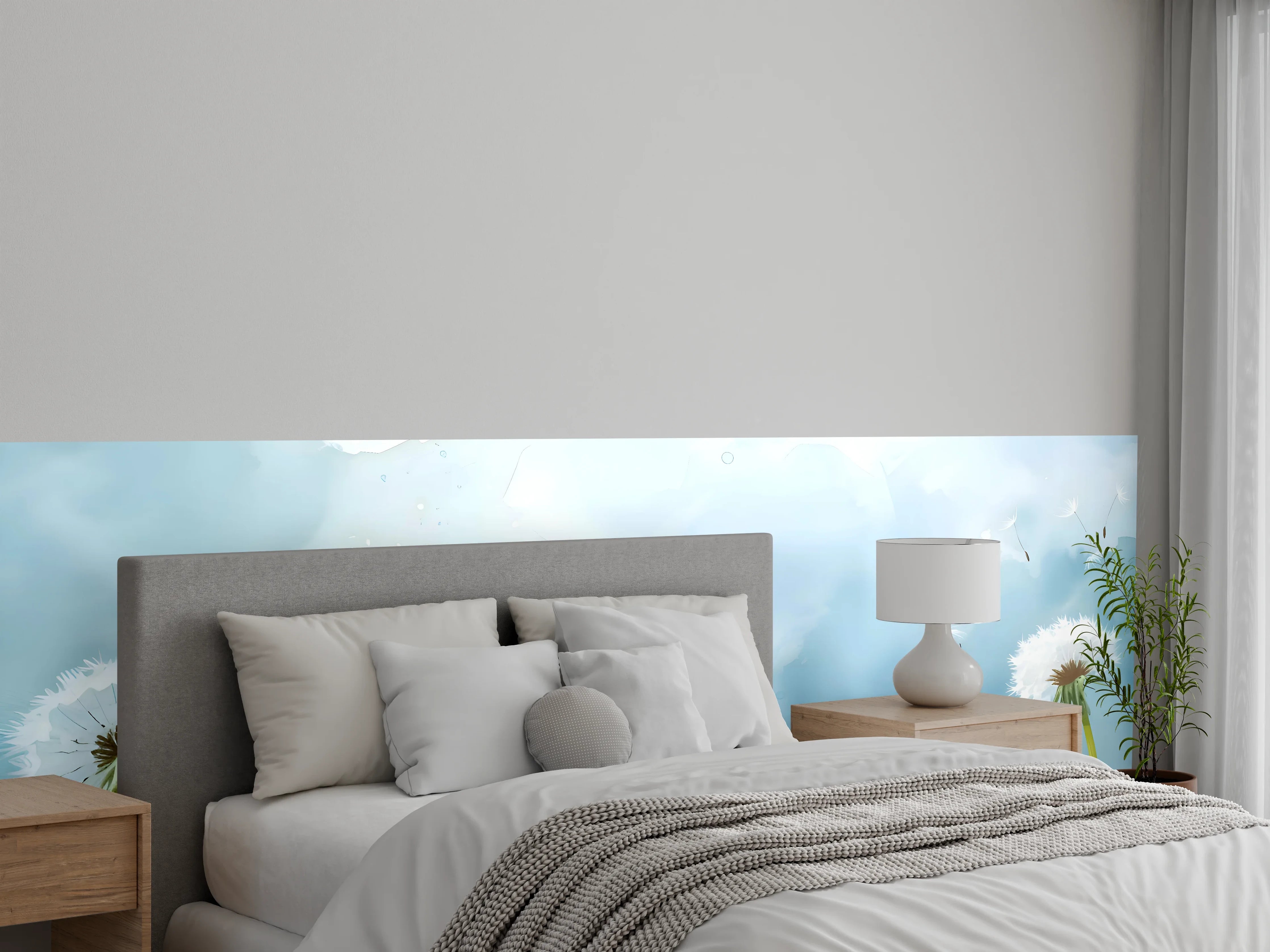 Wandverkleidung Schlafzimmer - Pusteblumen Aquarell Blau-Weiß
