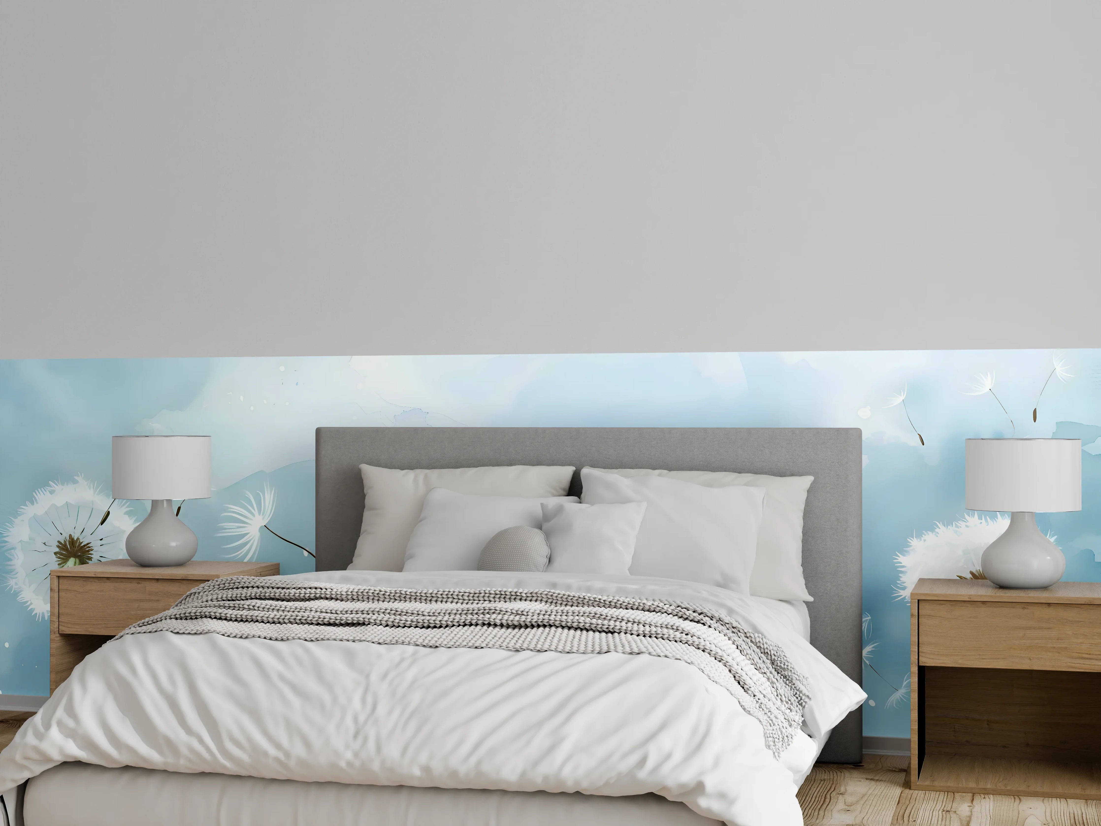 Wandverkleidung Schlafzimmer - Pusteblumen Aquarell Blau-Weiß