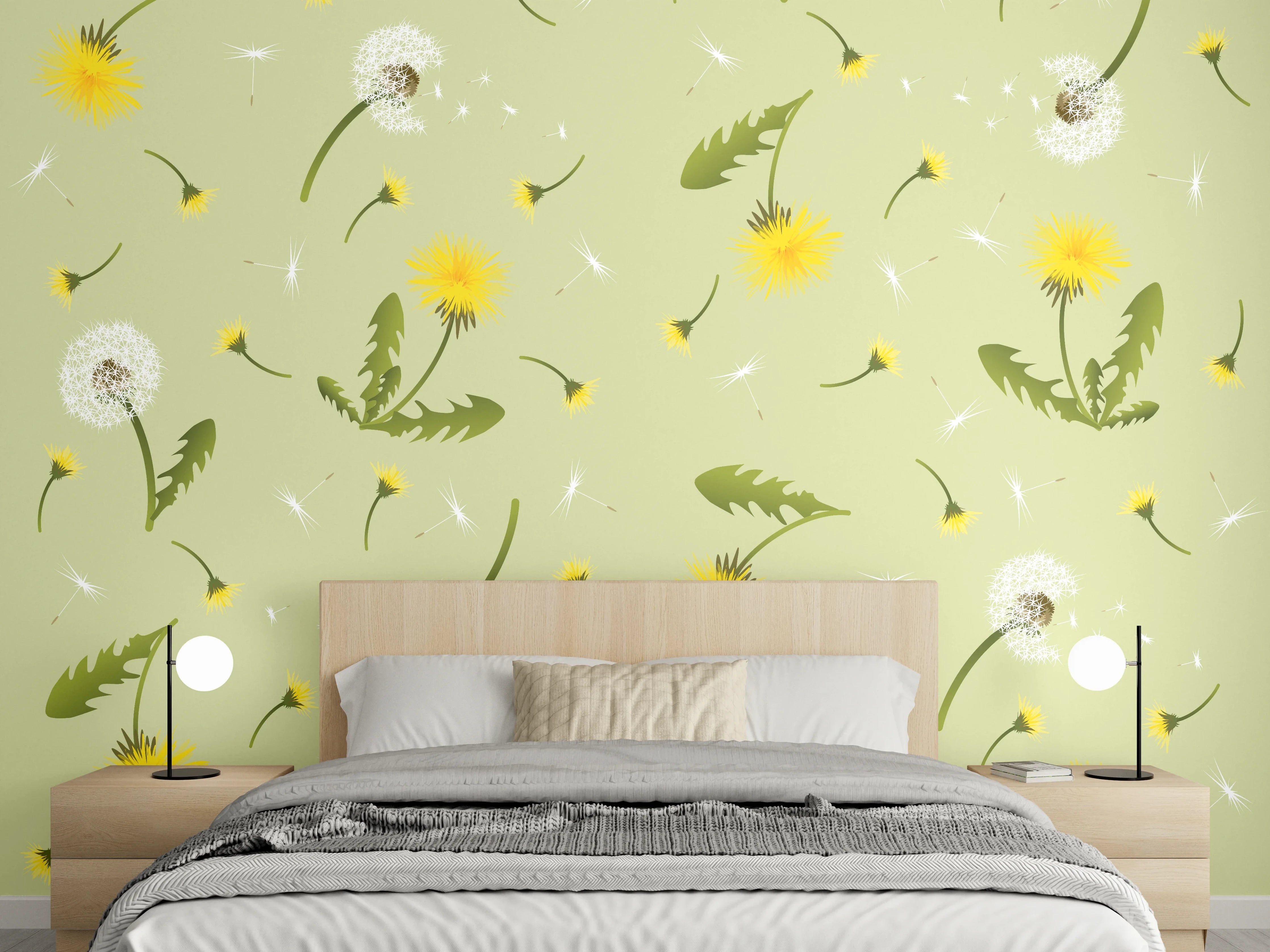 Wandverkleidung Schlafzimmer - Pusteblumen Grün-Gelb Muster