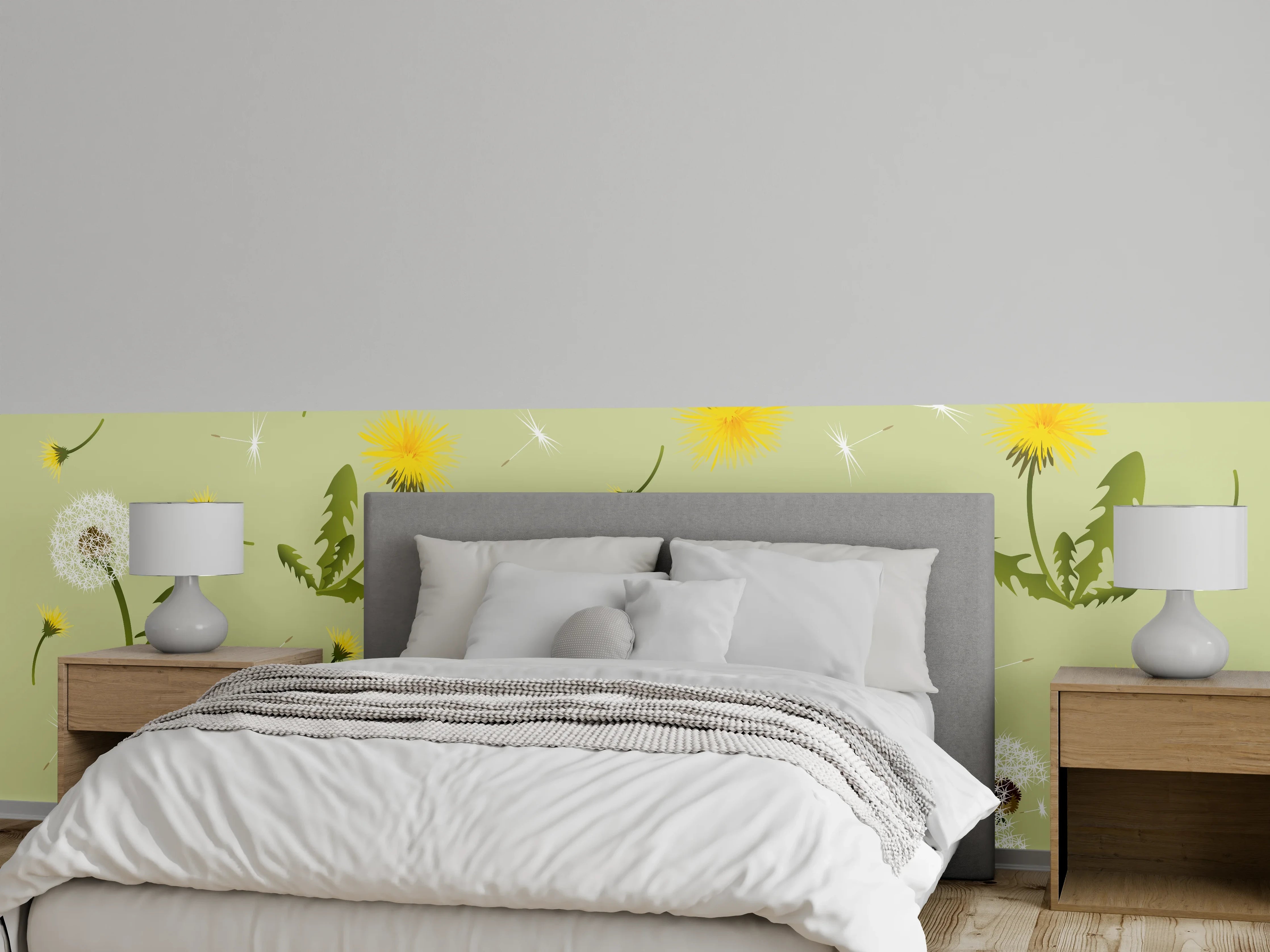 Wandverkleidung Schlafzimmer - Pusteblumen Grün-Gelb Muster