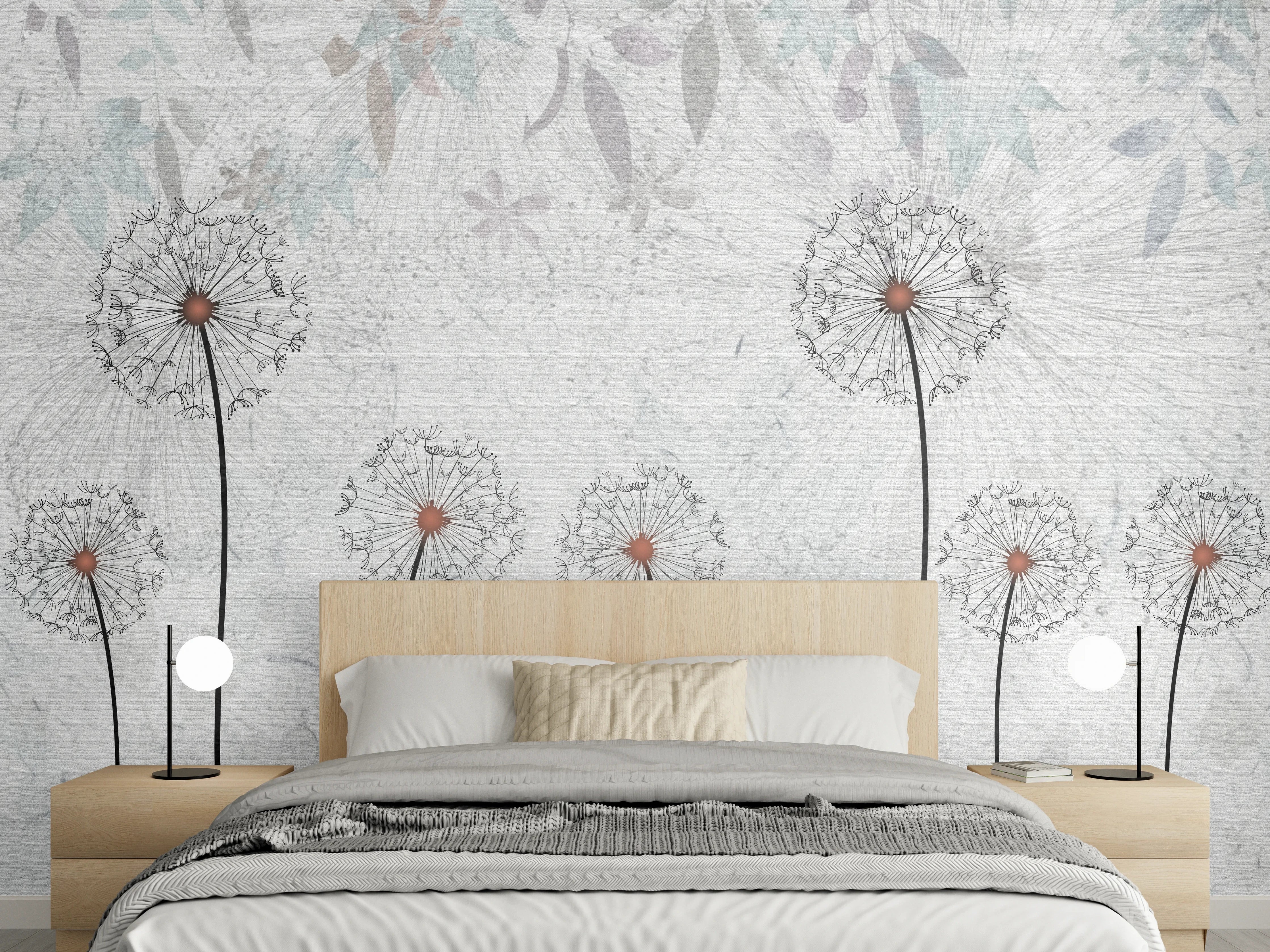 Wandverkleidung Schlafzimmer - Pusteblumen Weiß Grau Wandbild