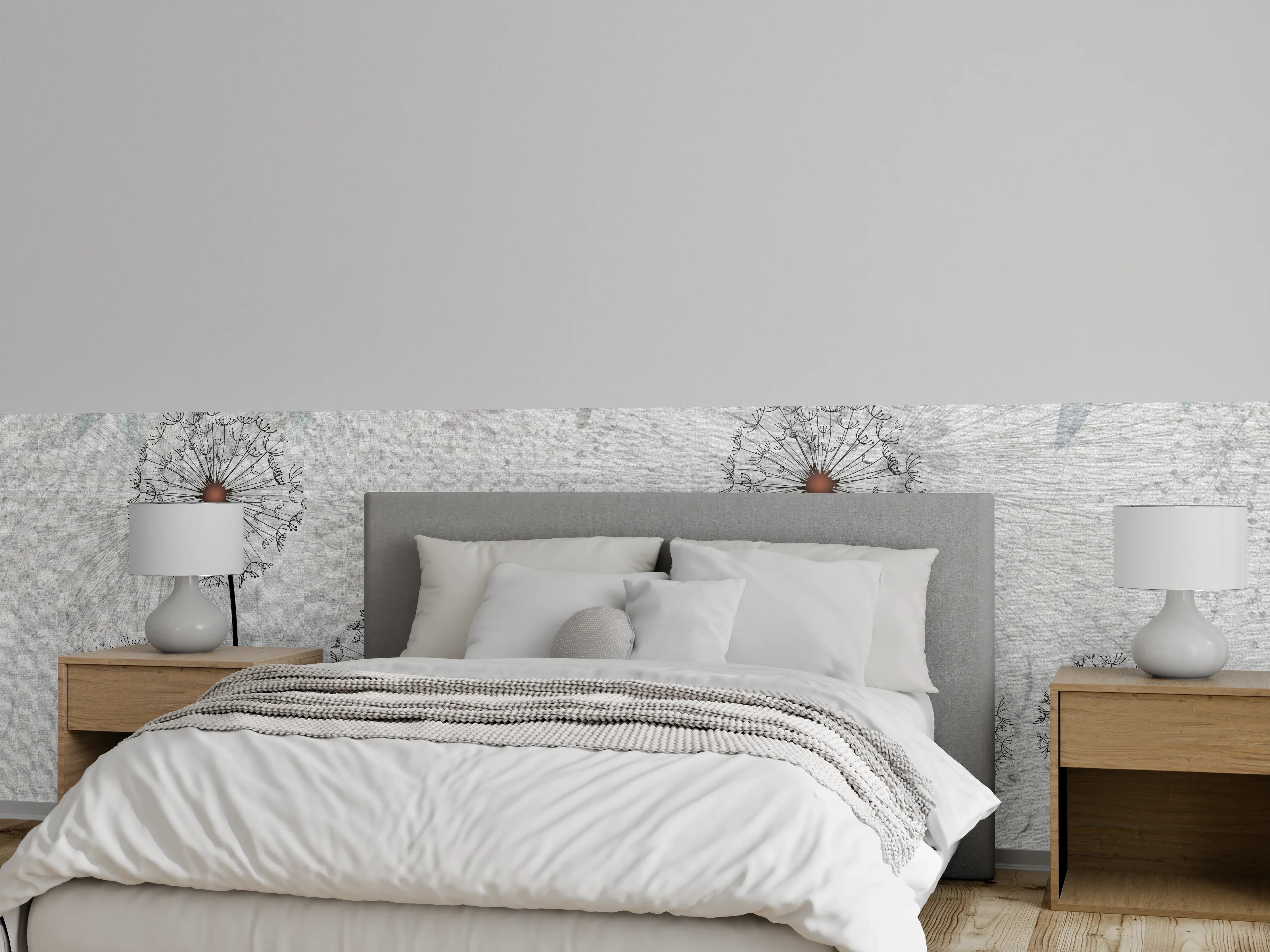 Wandverkleidung Schlafzimmer - Pusteblumen Weiß Grau Wandbild