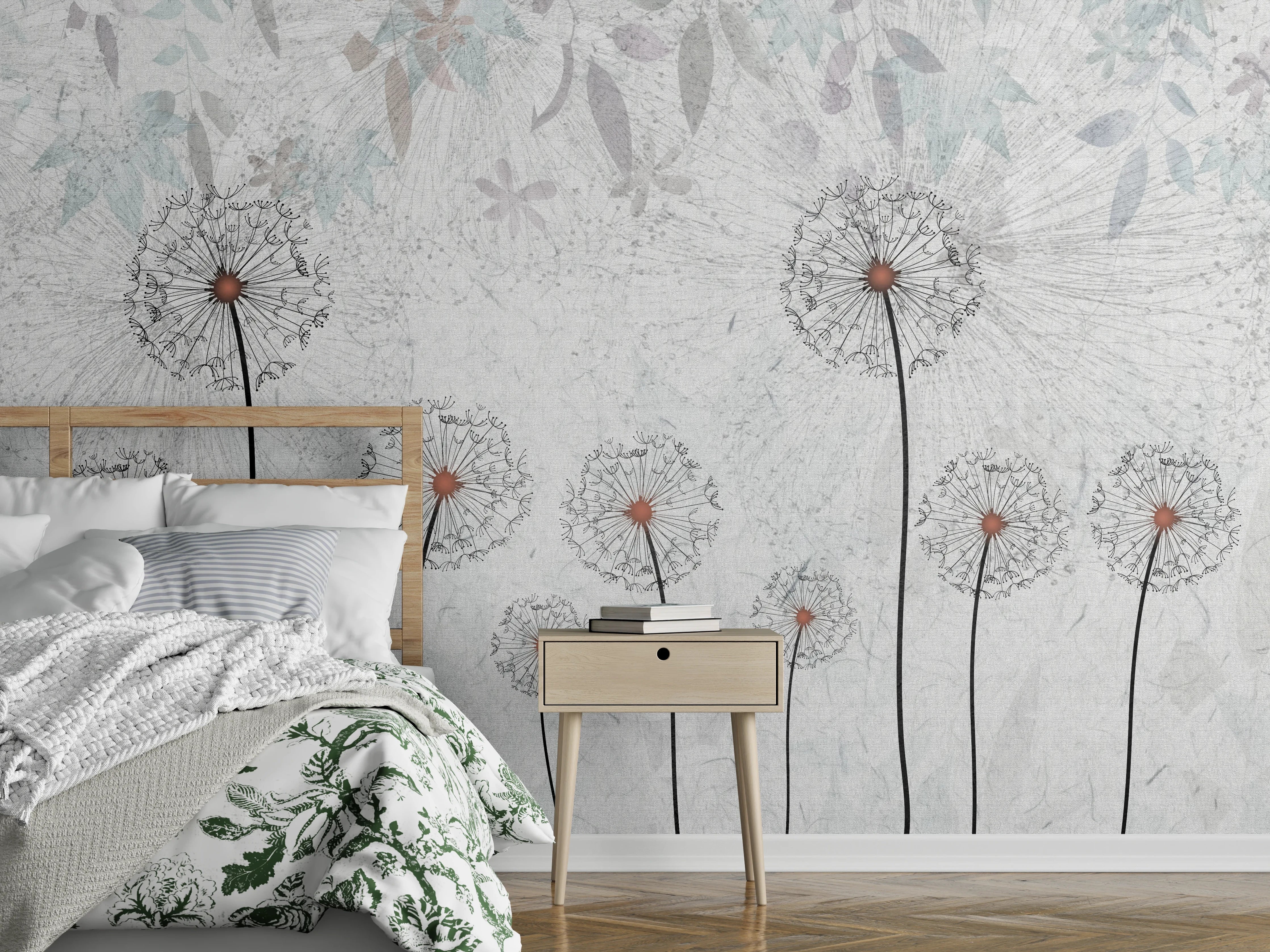 Wandverkleidung Schlafzimmer - Pusteblumen Weiß Grau Wandbild