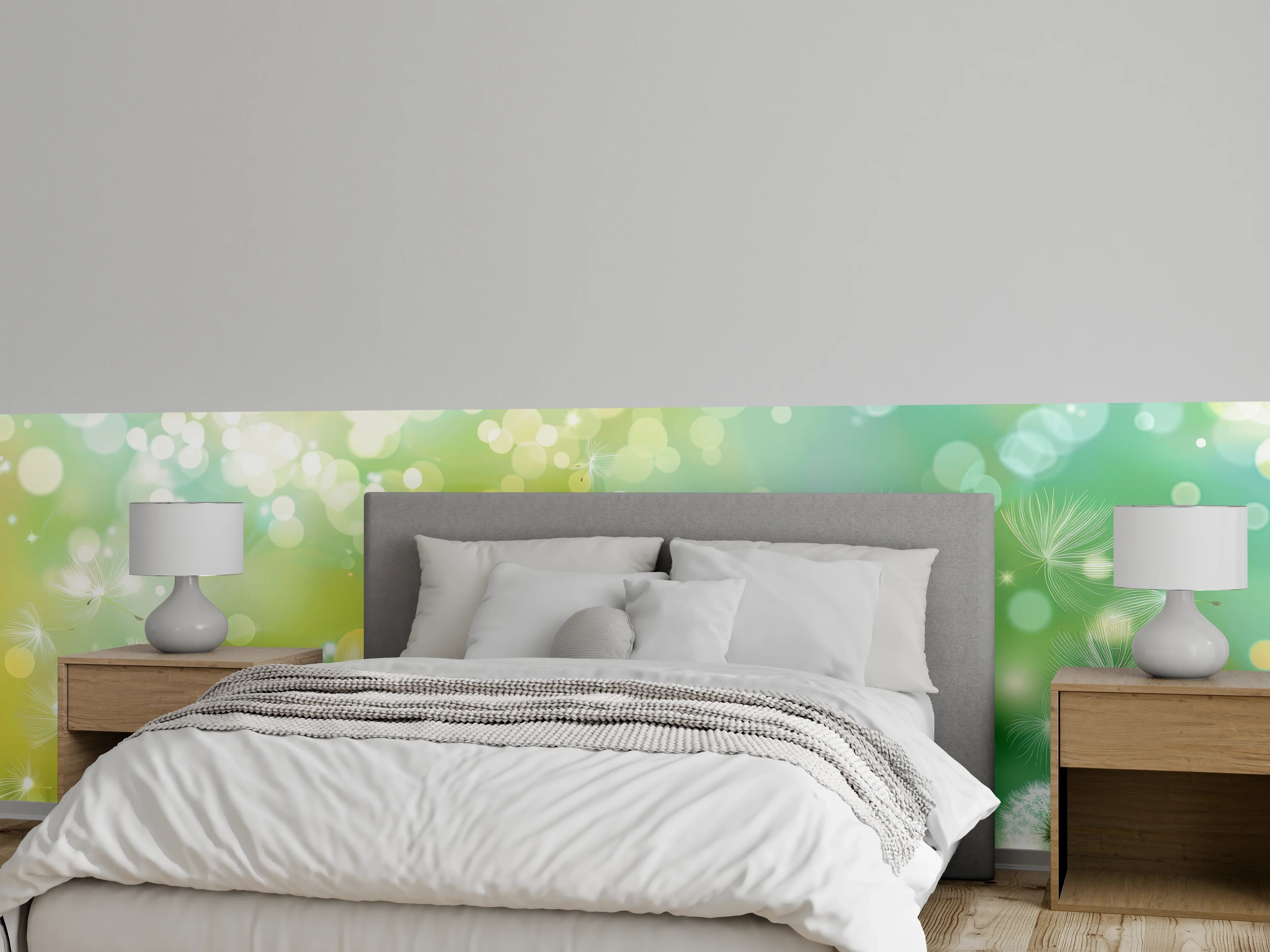 Wandverkleidung Schlafzimmer - Pusteblumen im Frühlingsgrün