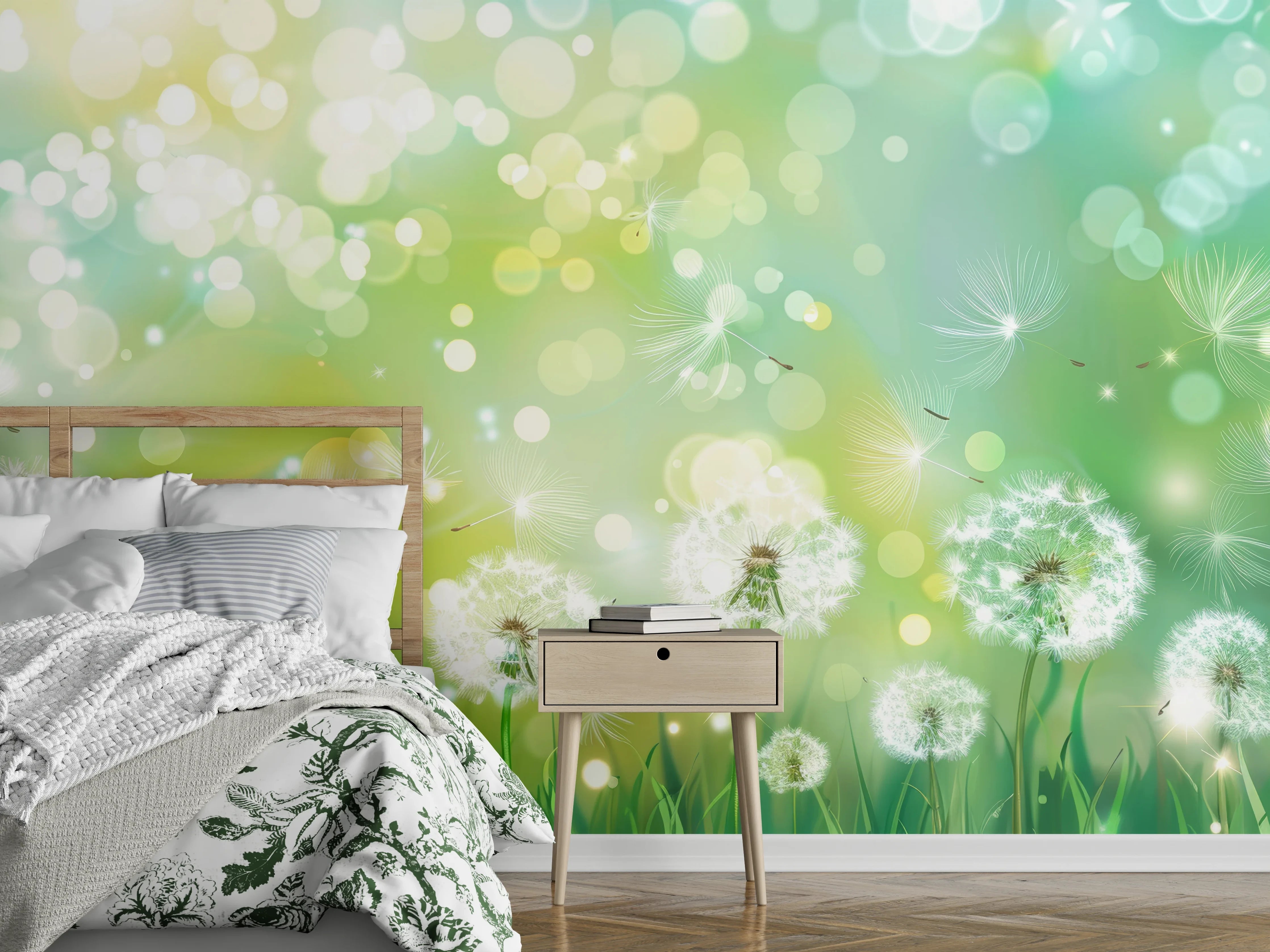 Wandverkleidung Schlafzimmer - Pusteblumen im Frühlingsgrün