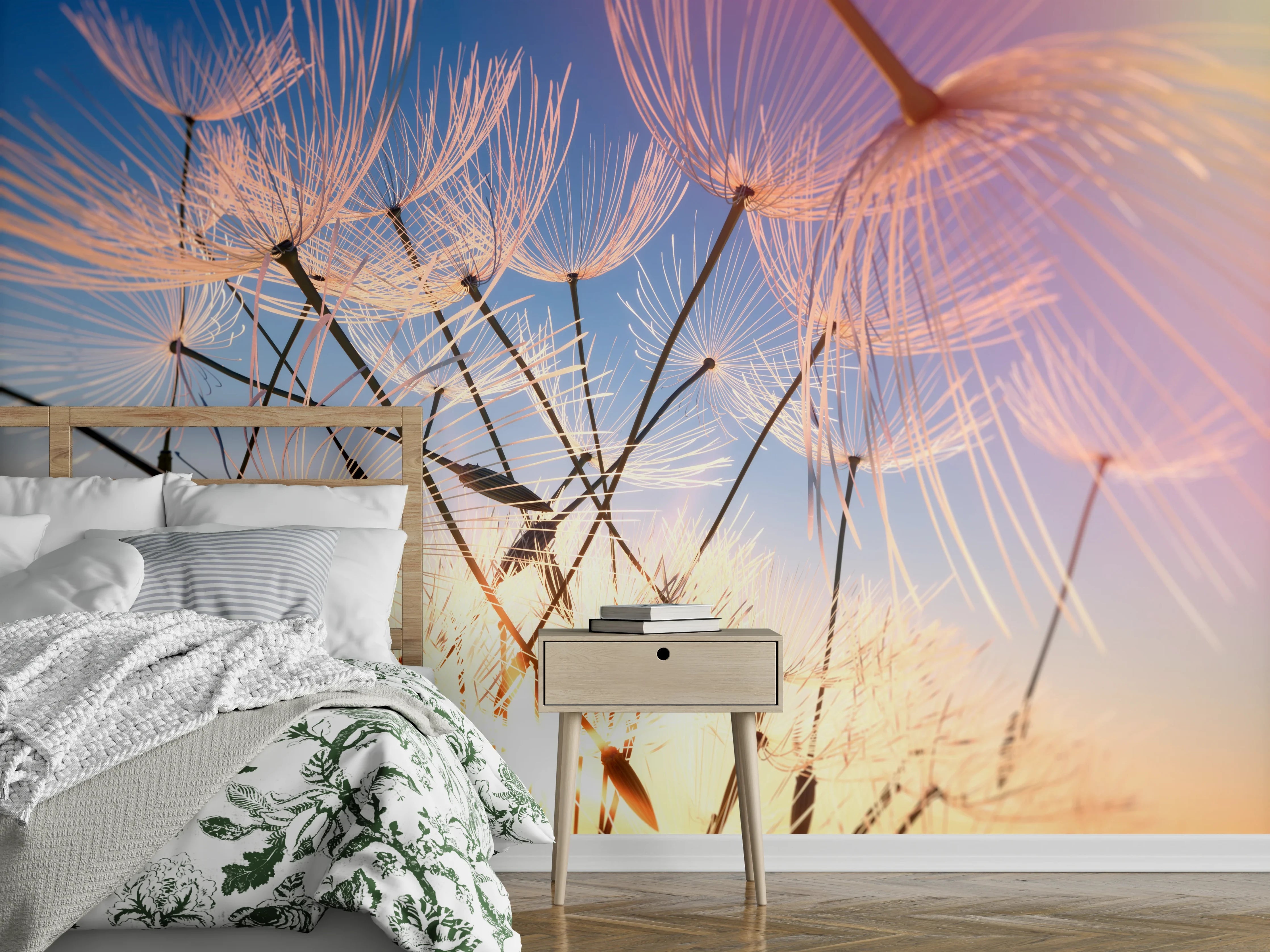 Wandverkleidung Schlafzimmer - Pusteblumen im Sonnenlicht Fotokunst