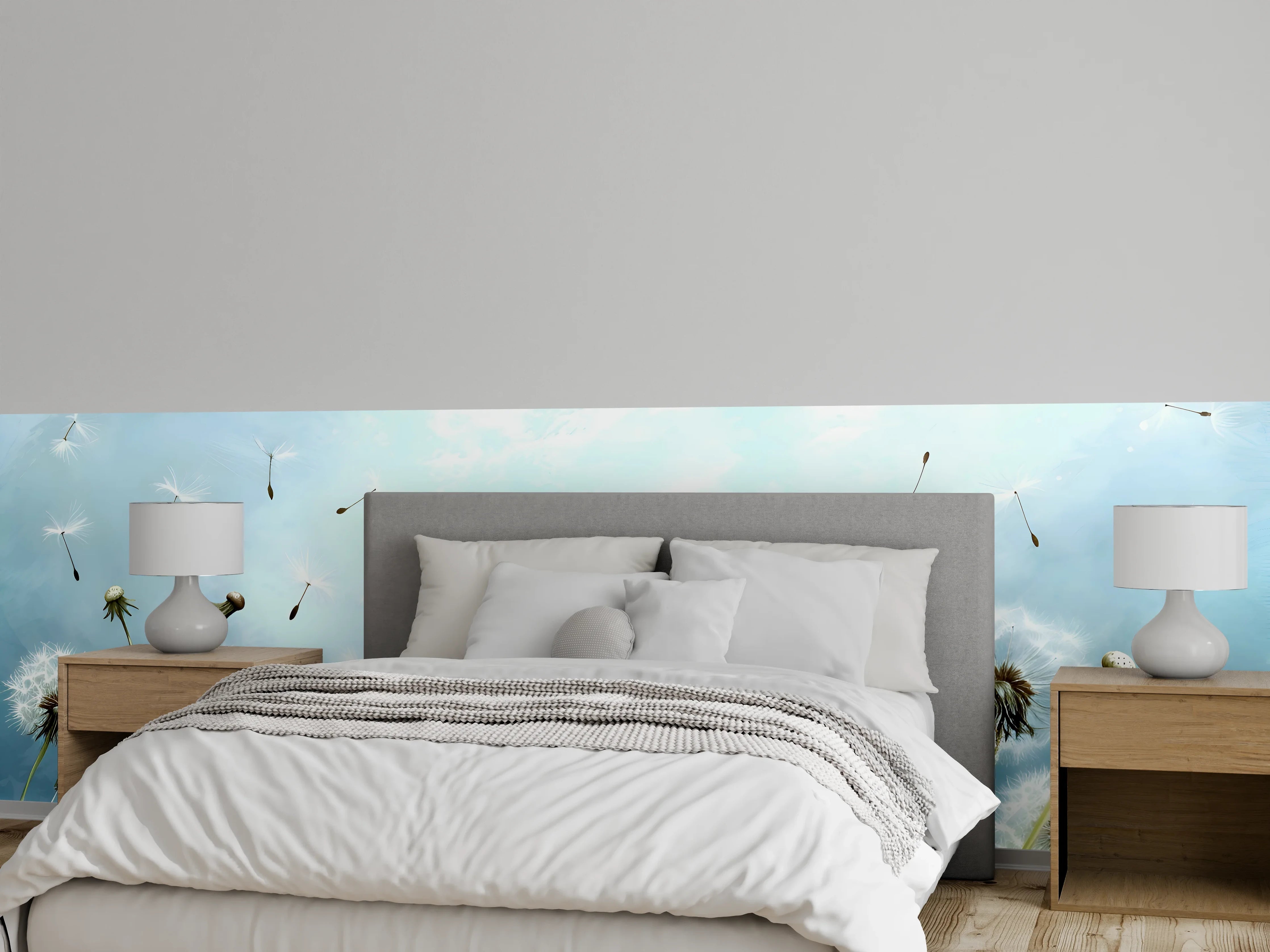 Wandverkleidung Schlafzimmer - Pusteblumen im blauen Himmel
