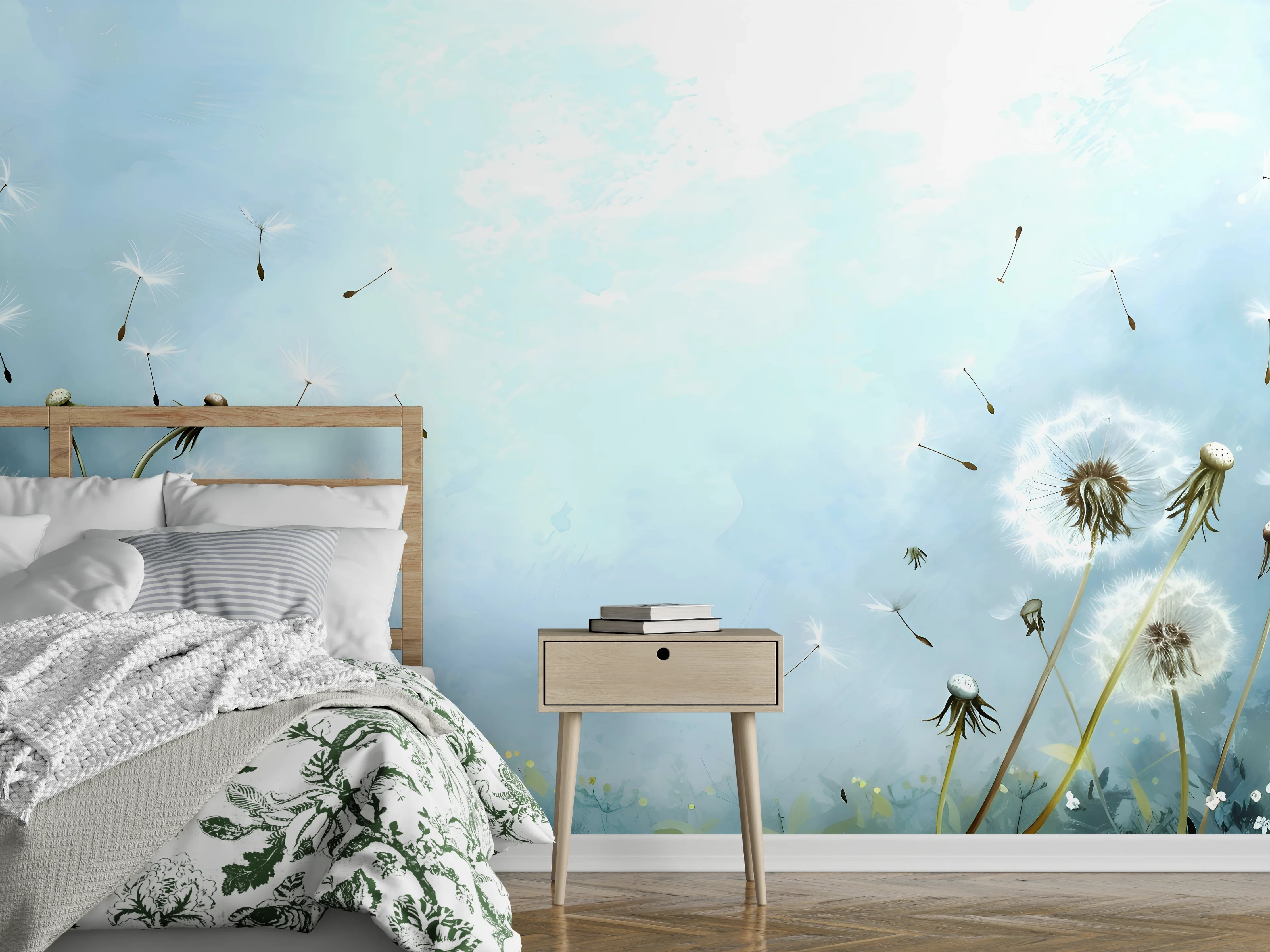 Wandverkleidung Schlafzimmer - Pusteblumen im blauen Himmel