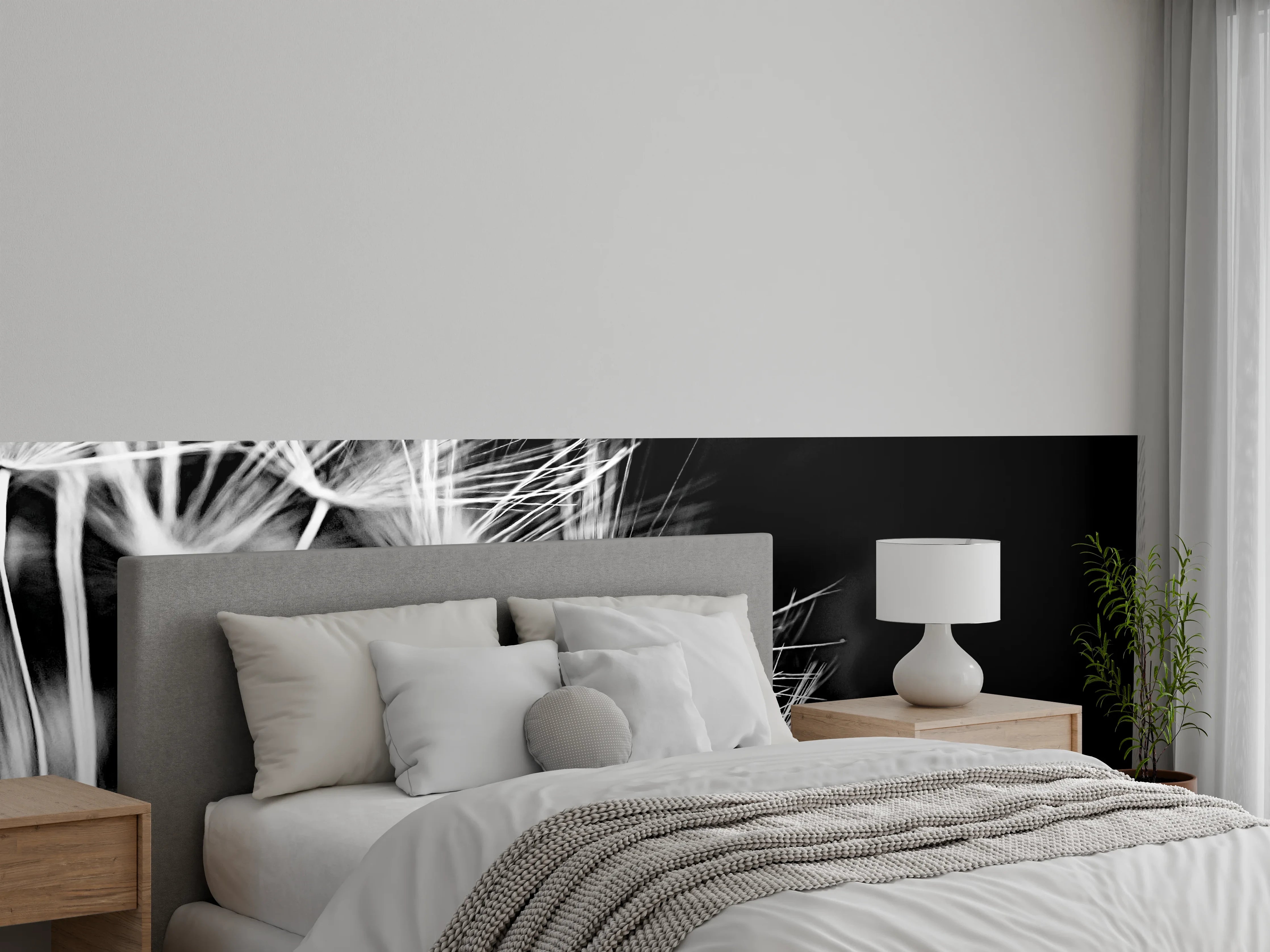 Wandverkleidung Schlafzimmer - Pusteblumen schwarz-weiß Hintergrund