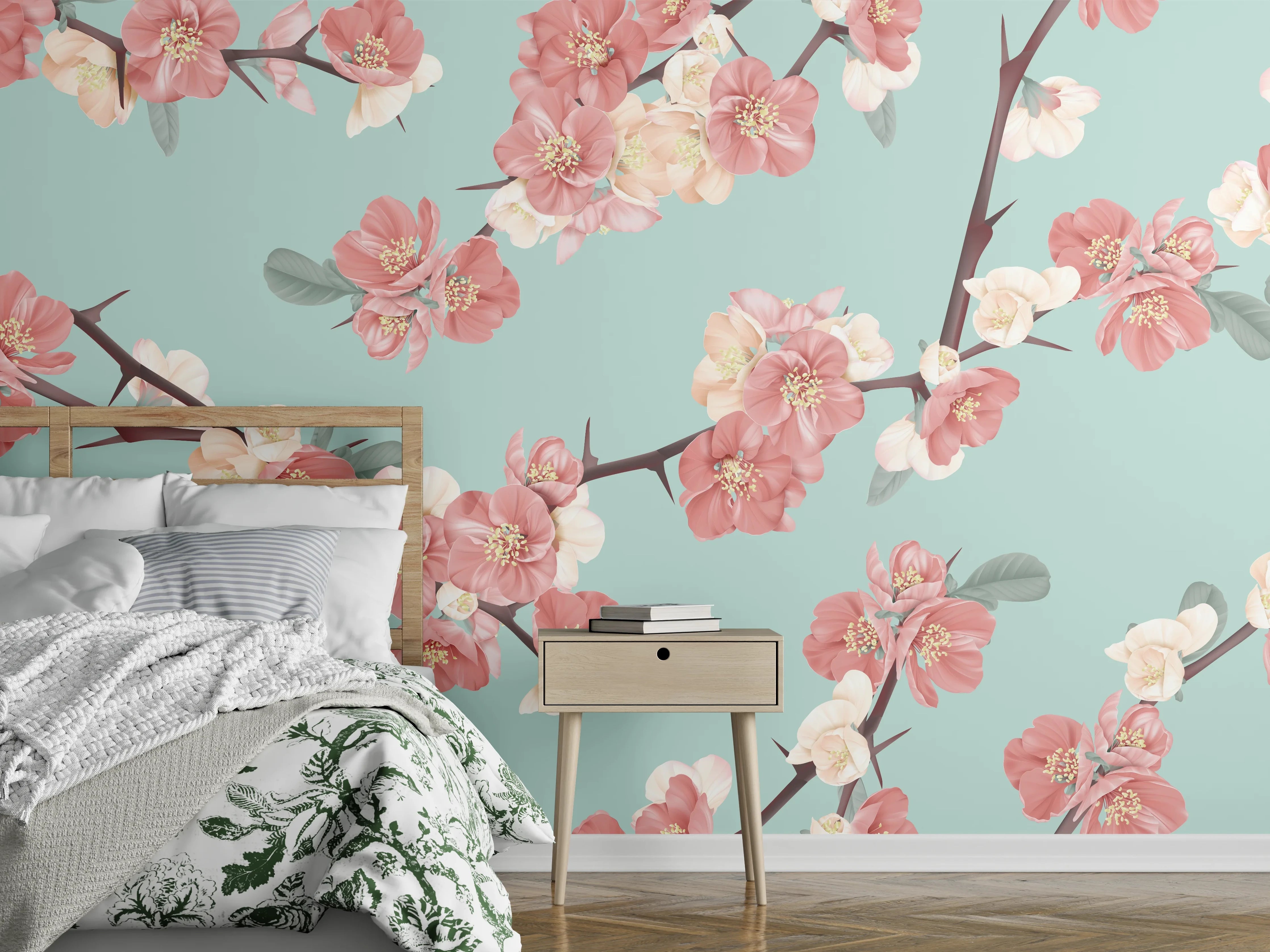 Wandverkleidung Schlafzimmer - Quittenblüte Pastell Vintagemuster