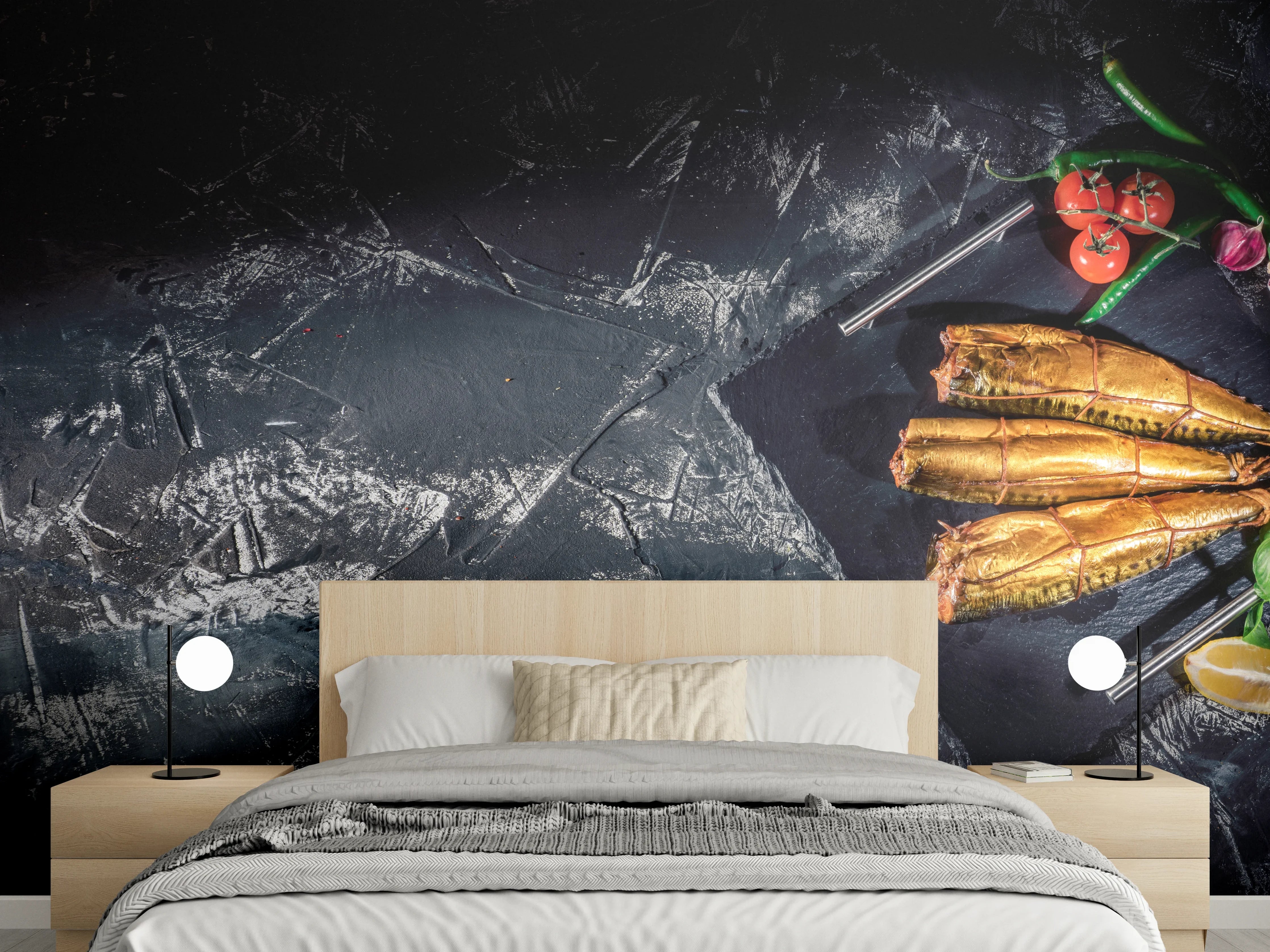 Wandverkleidung Schlafzimmer - Räucherfisch auf dunklem Schiefer