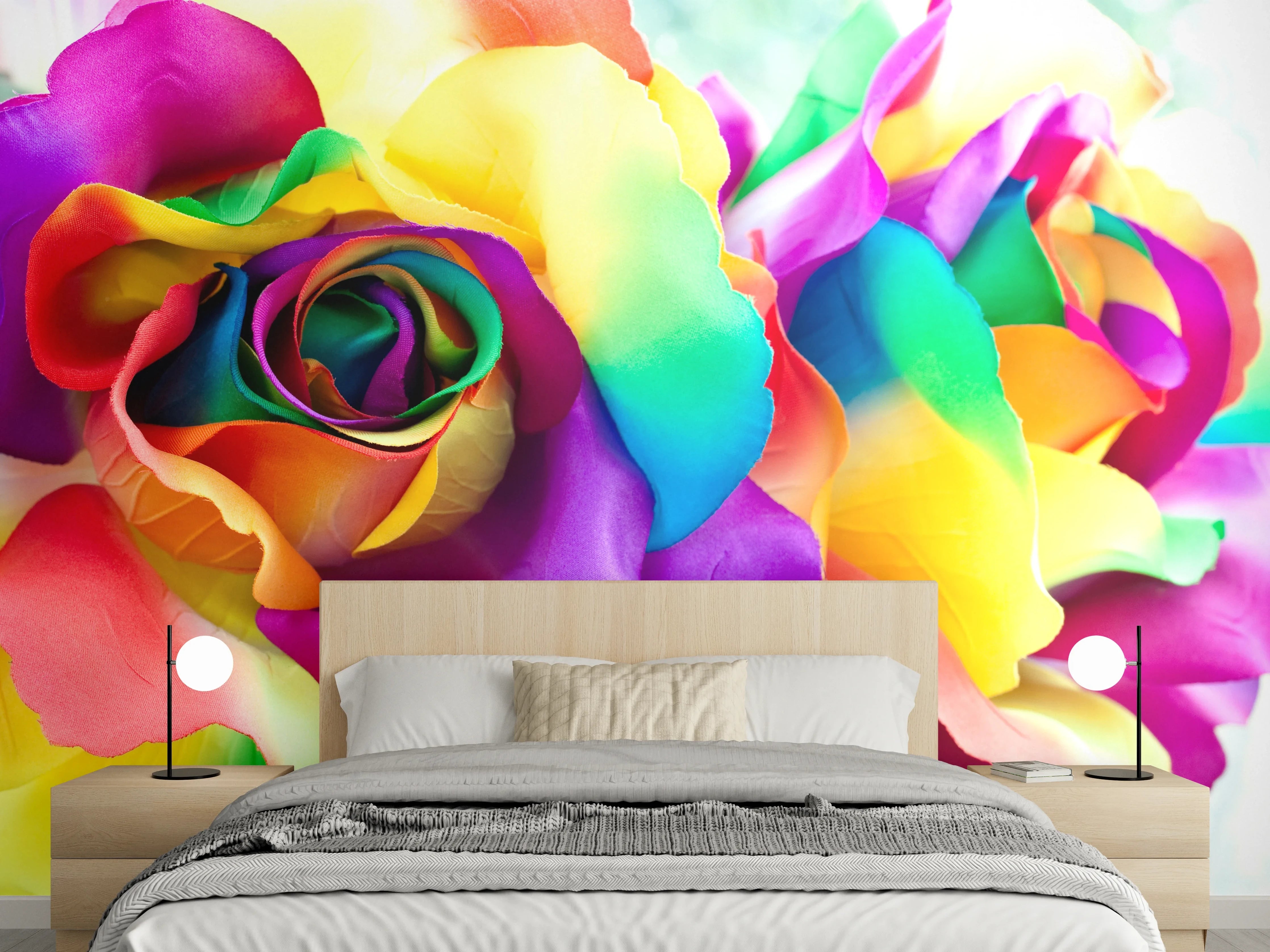 Wandverkleidung Schlafzimmer - Regenbogenrosen – Bunte Blumenpracht