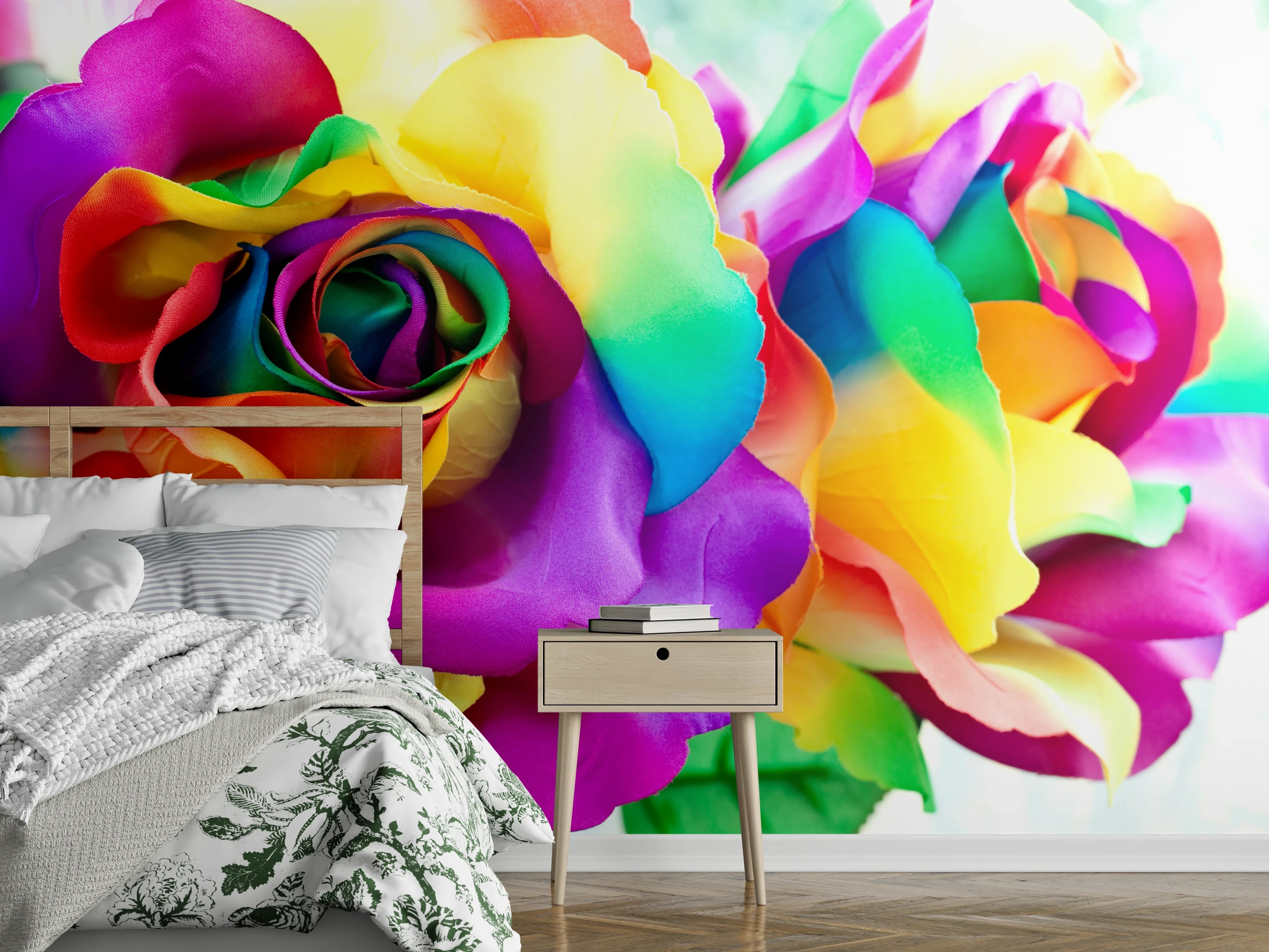 Wandverkleidung Schlafzimmer - Regenbogenrosen – Bunte Blumenpracht