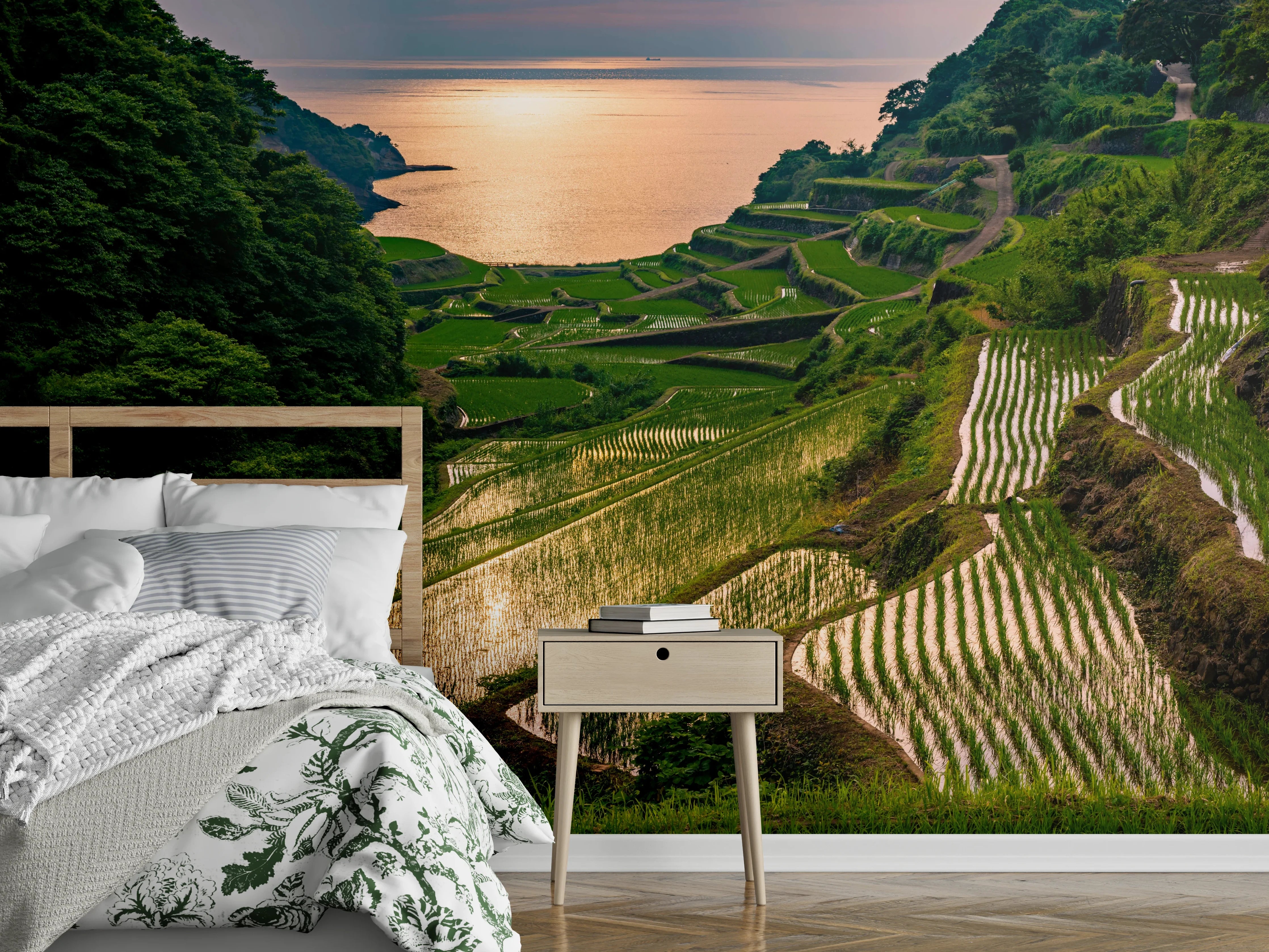 Wandverkleidung Schlafzimmer - Reisterrassen am Meer – Sonnenuntergang