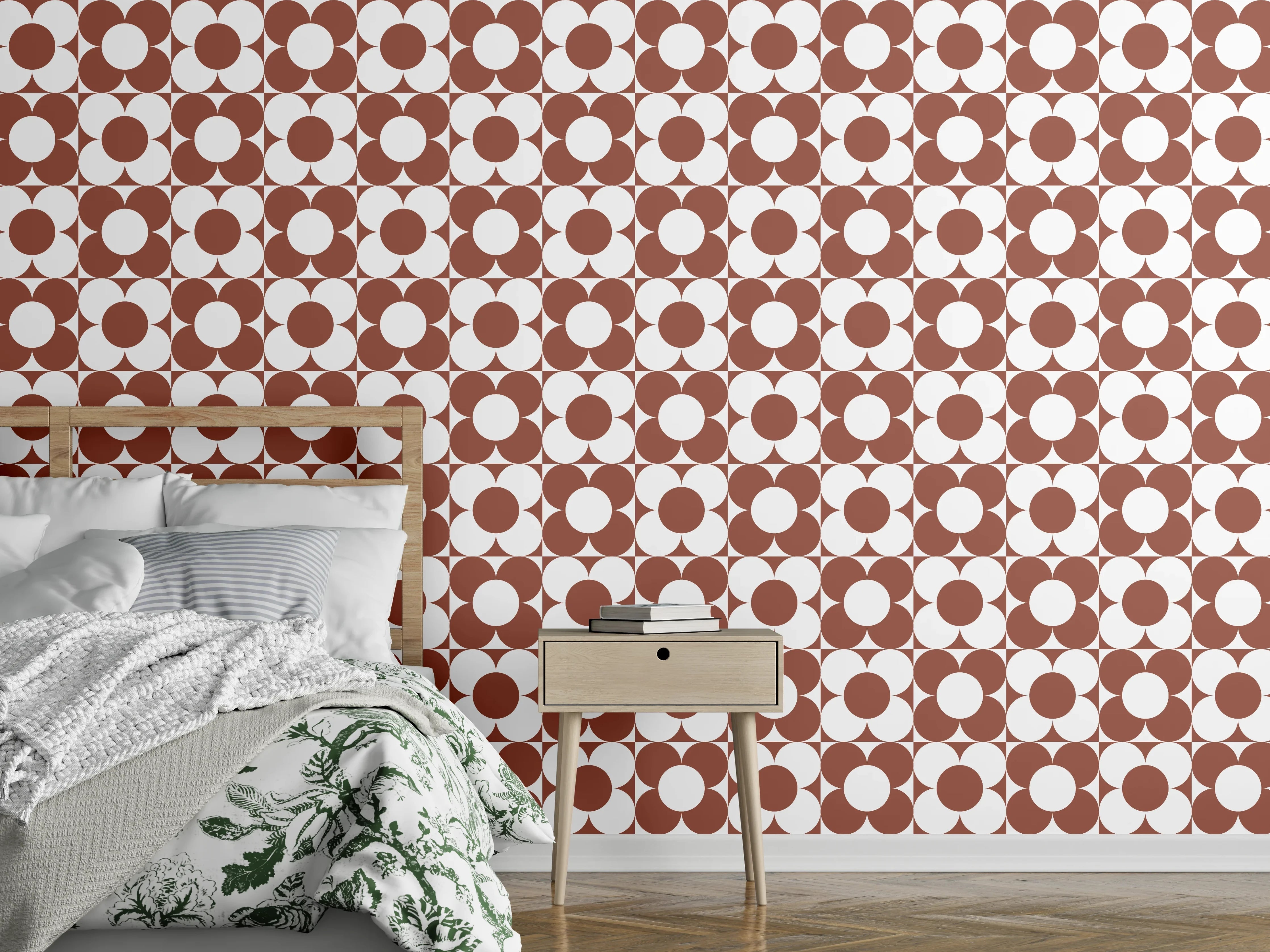 Wandverkleidung Schlafzimmer - Retro-Fliesenmuster Braun Weiß Wanddekor