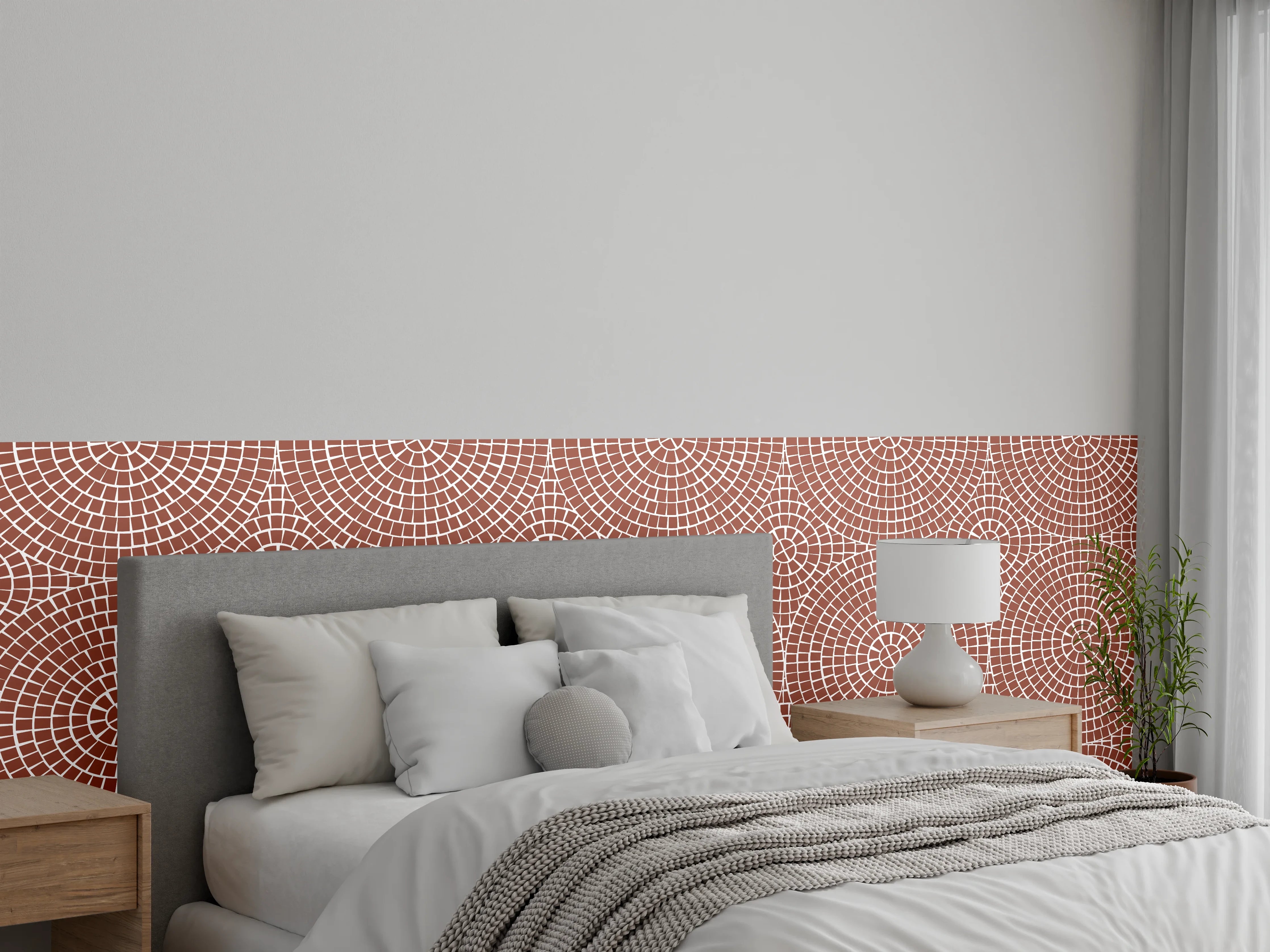 Wandverkleidung Schlafzimmer - Retro-Geometrie in Braun, Grau und Weiß
