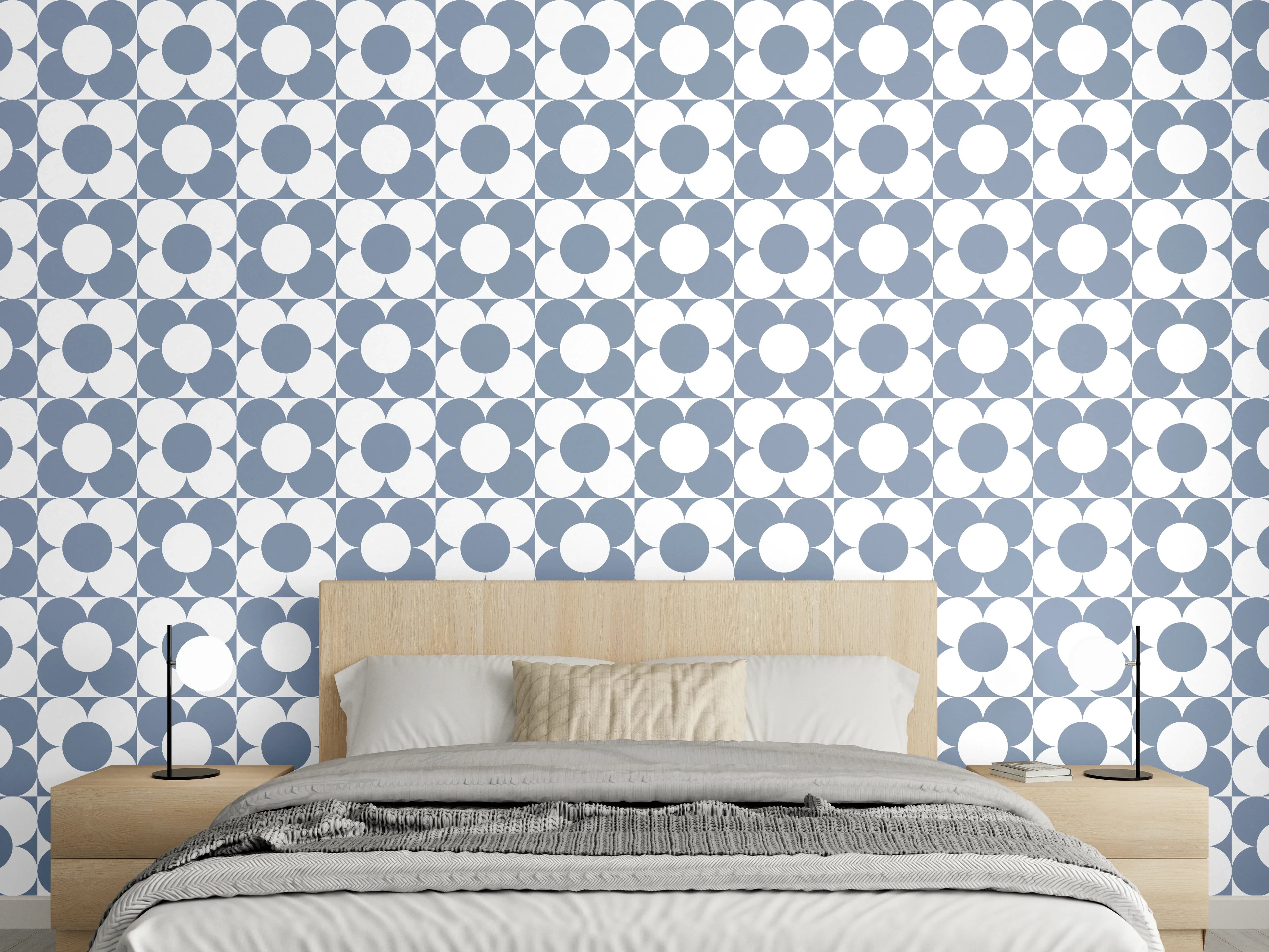 Wandverkleidung Schlafzimmer - Retro-Kreise Muster in Blau-Weiß