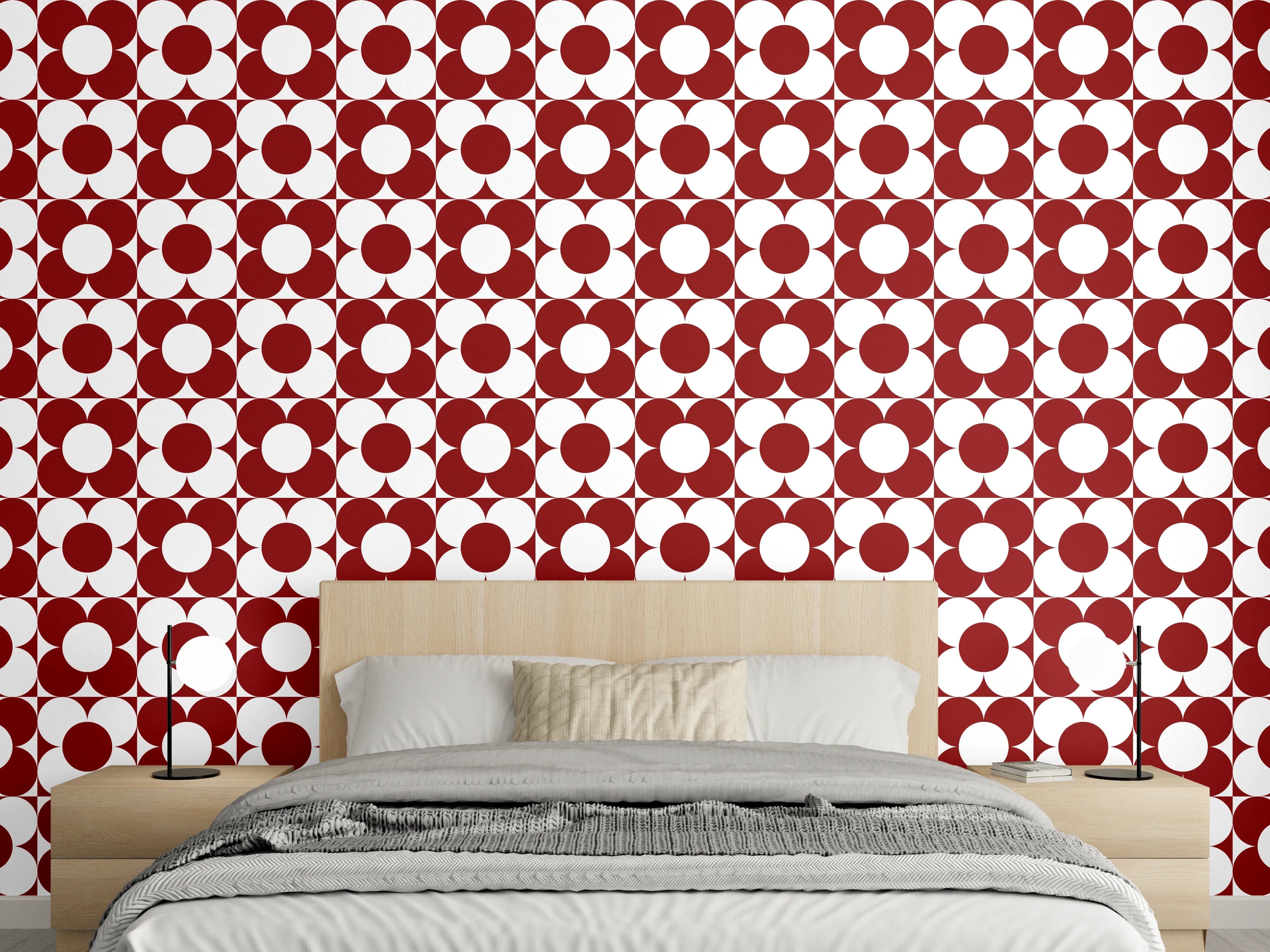 Wandverkleidung Schlafzimmer - Retro-Kreismuster Rot Weiß Tapete