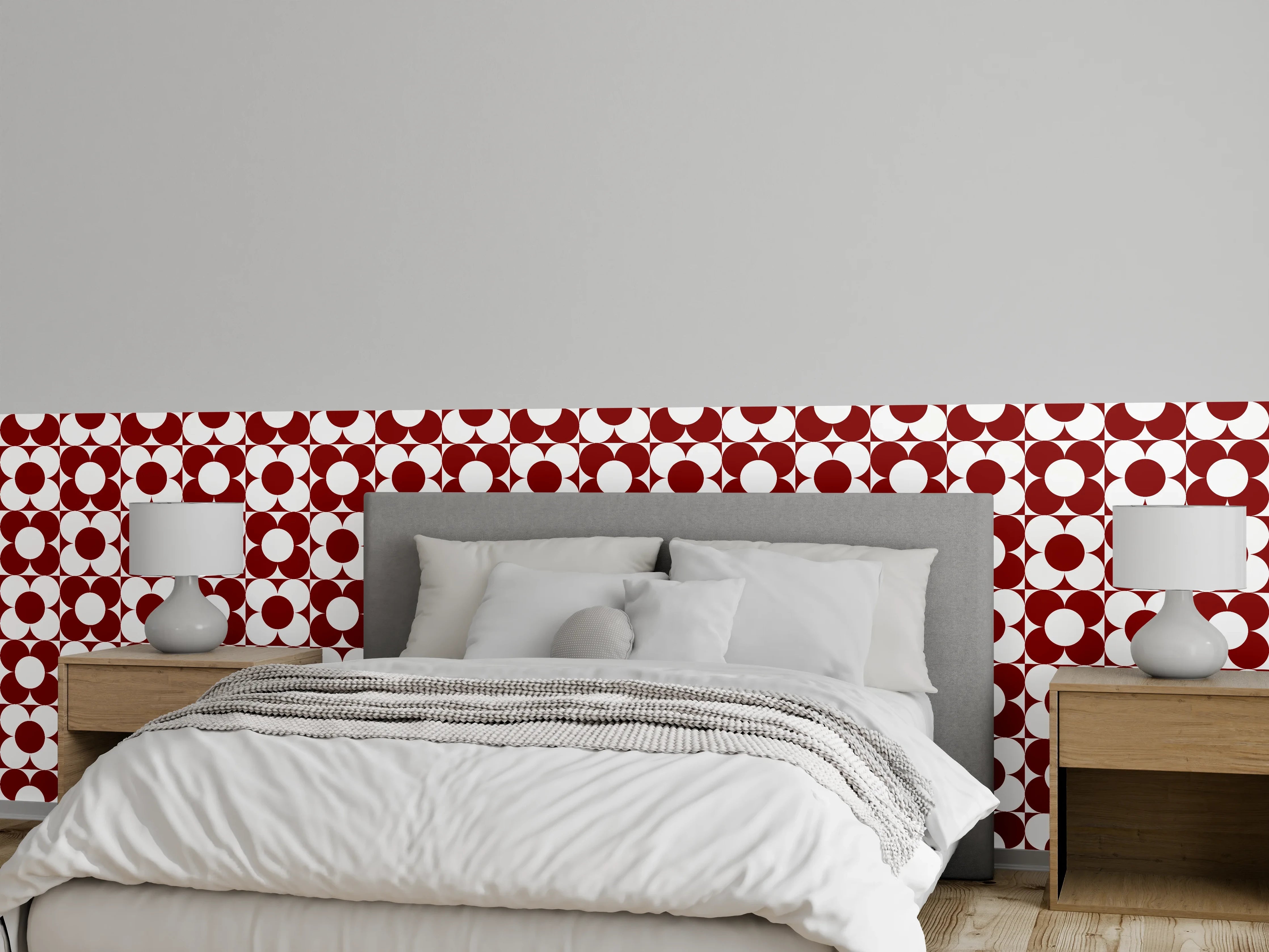 Wandverkleidung Schlafzimmer - Retro-Kreismuster Rot Weiß Tapete