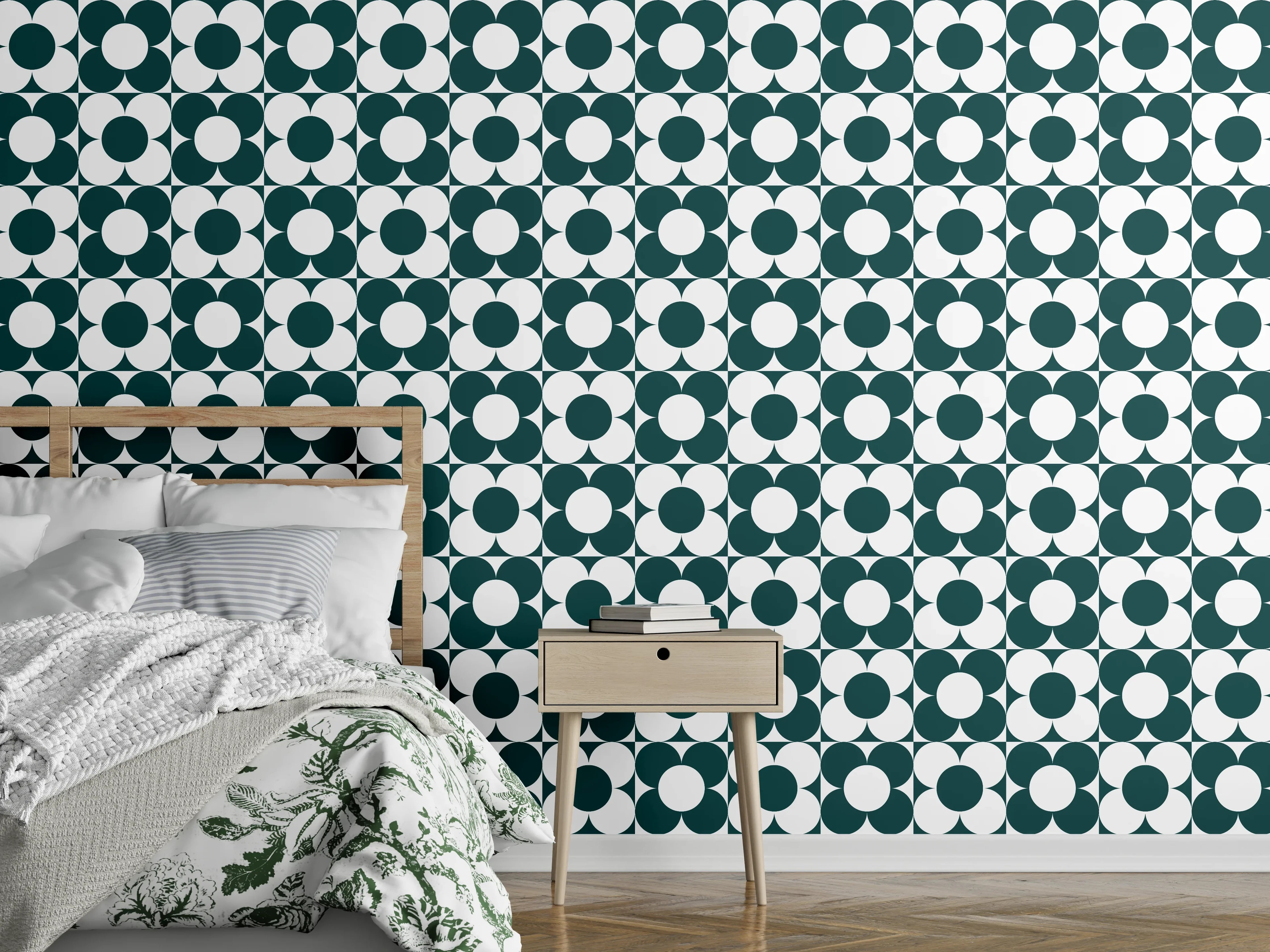 Wandverkleidung Schlafzimmer - Retro Kreismuster Wanddekor Grün-Weiß