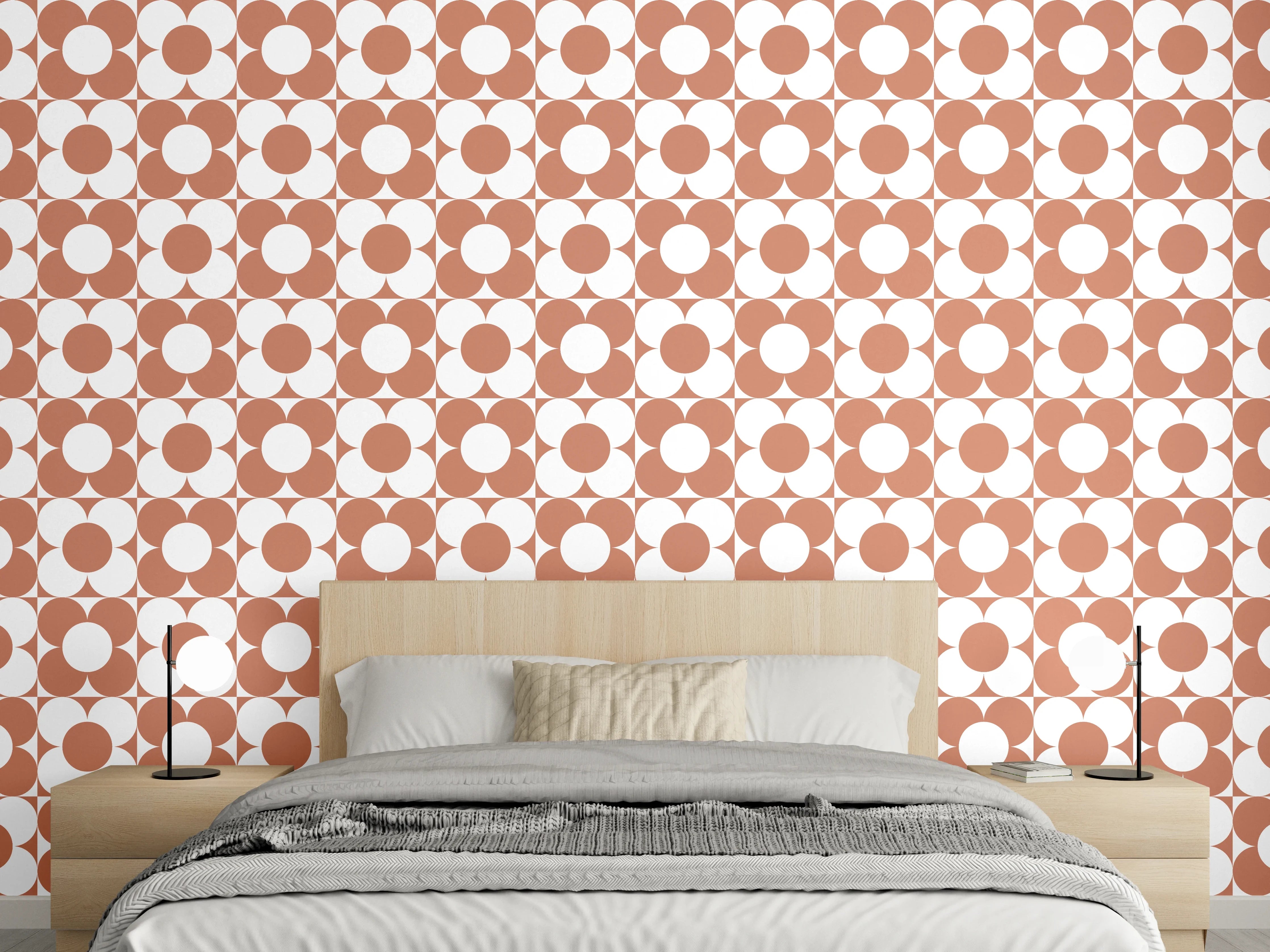 Wandverkleidung Schlafzimmer - Retro Kreismuster Ziegelrot Weiß