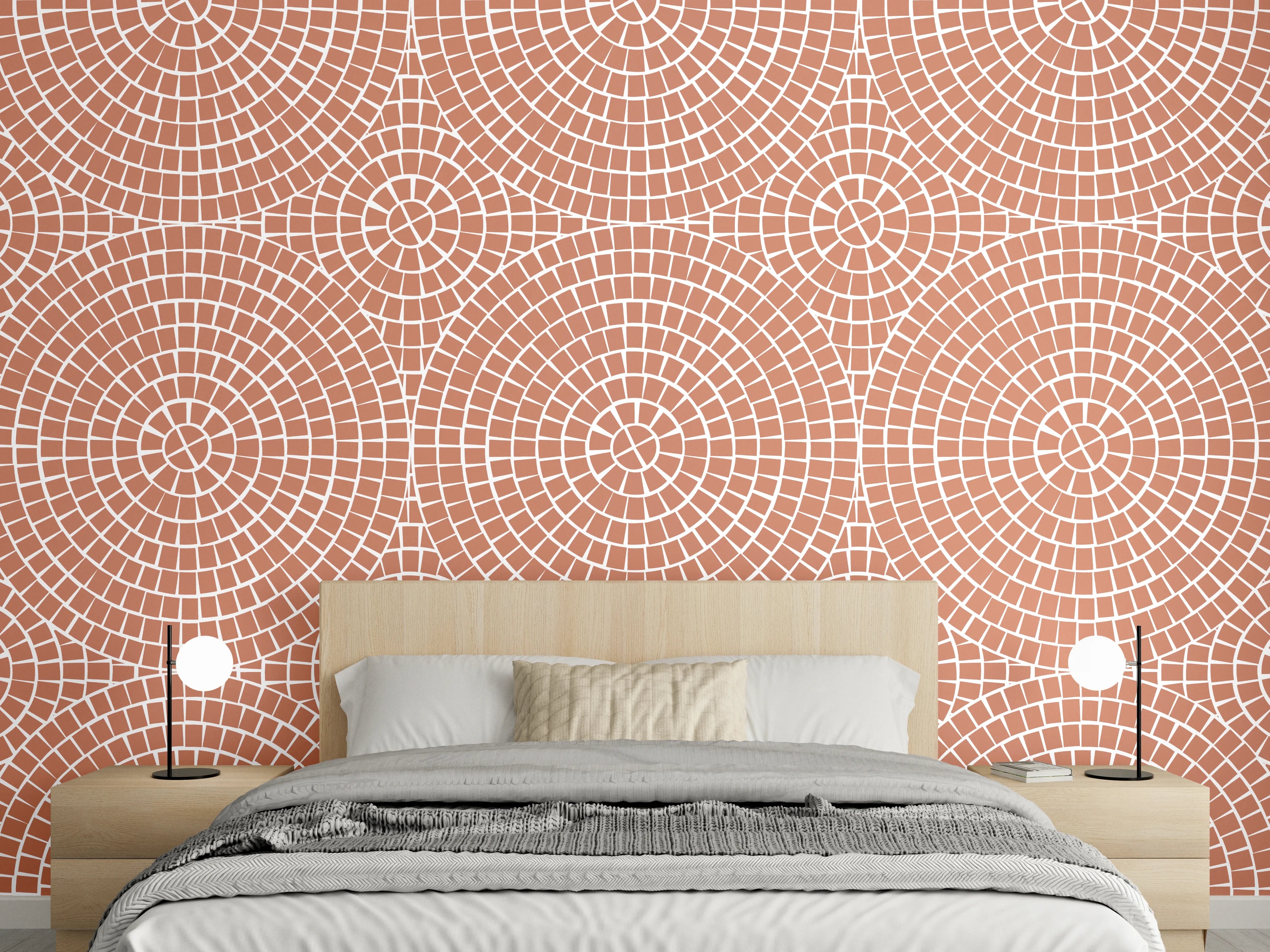 Wandverkleidung Schlafzimmer - Retro Kreismuster in Ziegelrot-Weiß