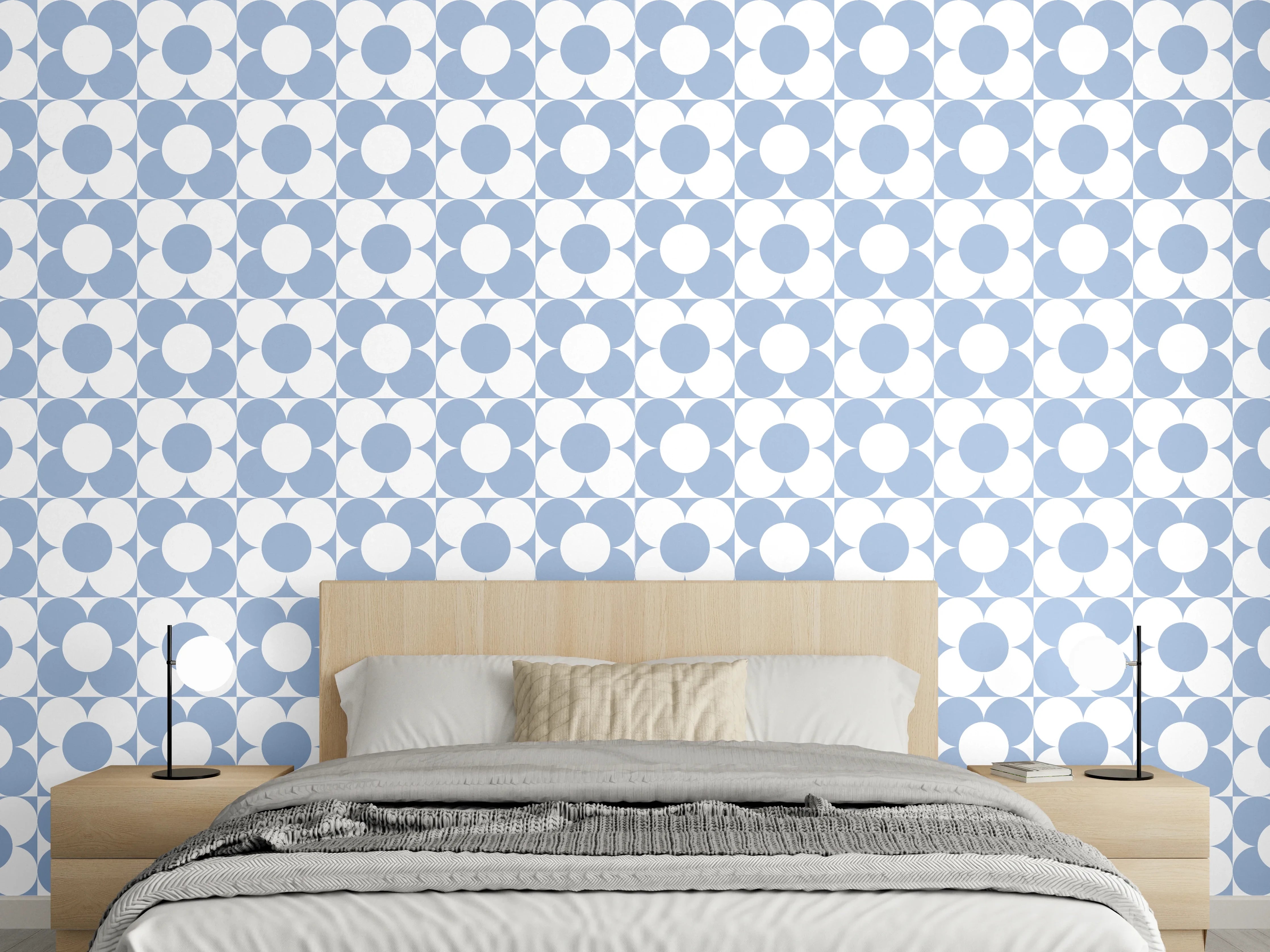 Wandverkleidung Schlafzimmer - Retro-Muster Blau Weiß Kreise