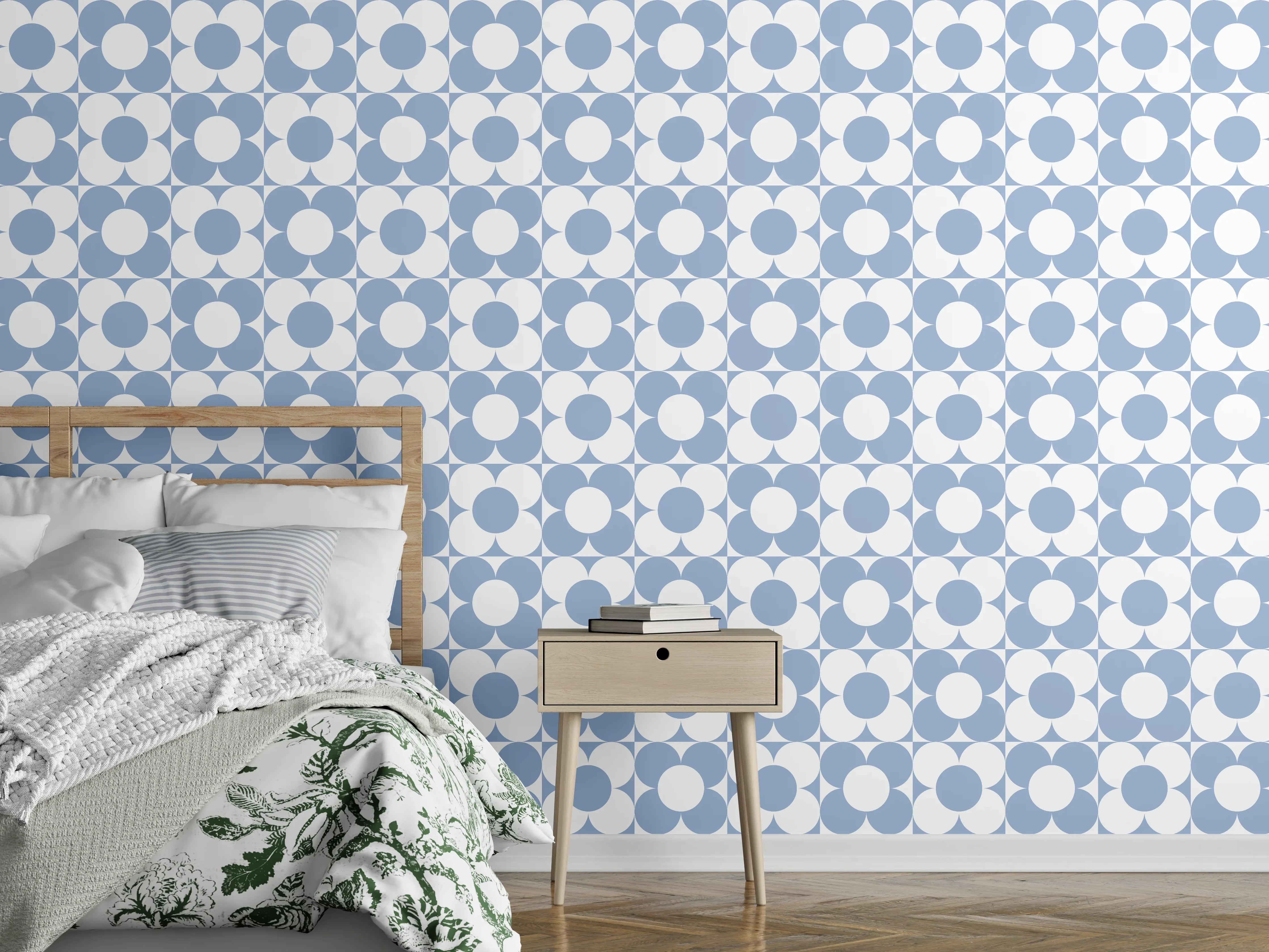 Wandverkleidung Schlafzimmer - Retro-Muster Blau Weiß Kreise