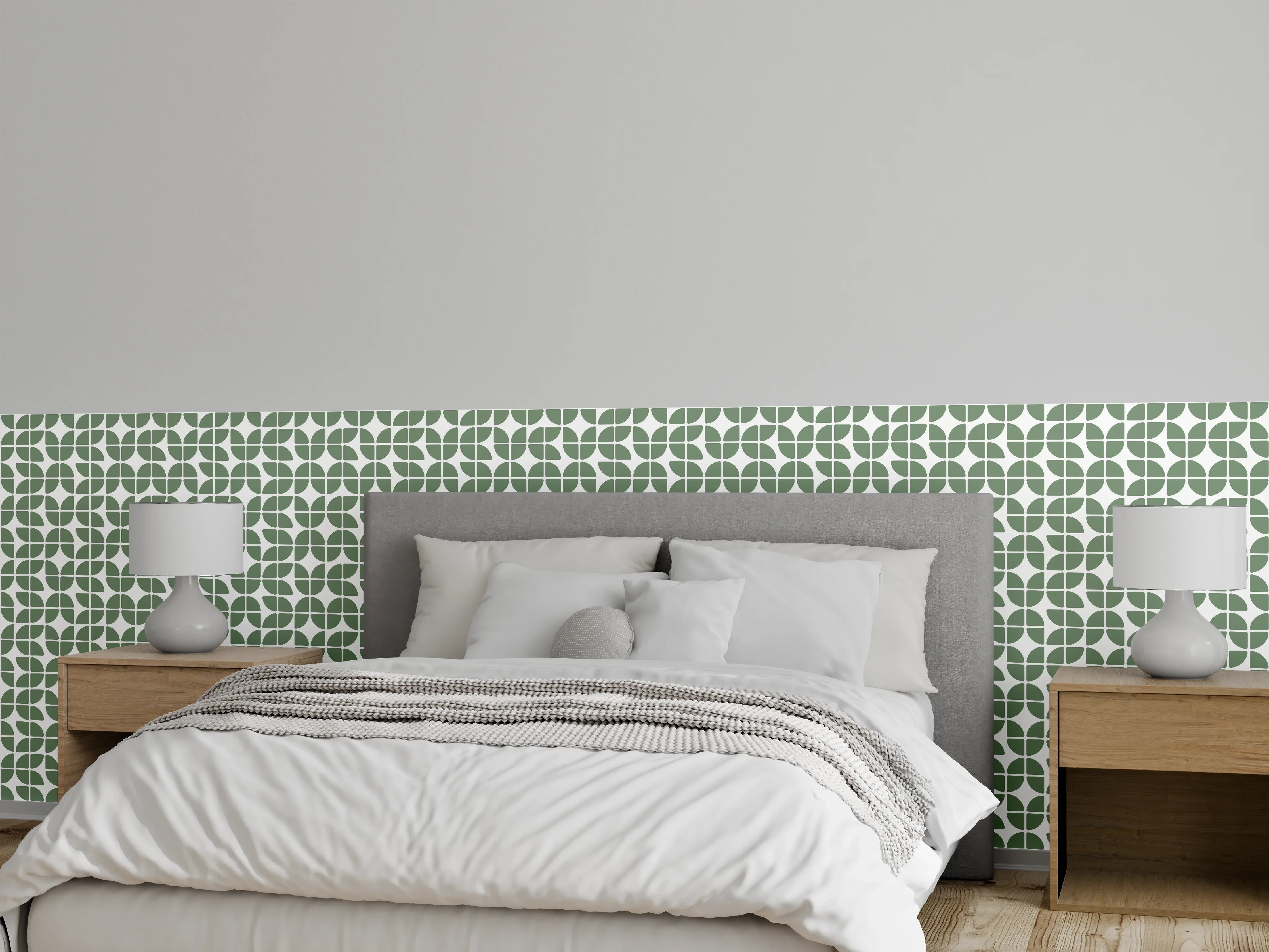 Wandverkleidung Schlafzimmer - Retro-Muster Tapete grün-weiß geometrisch