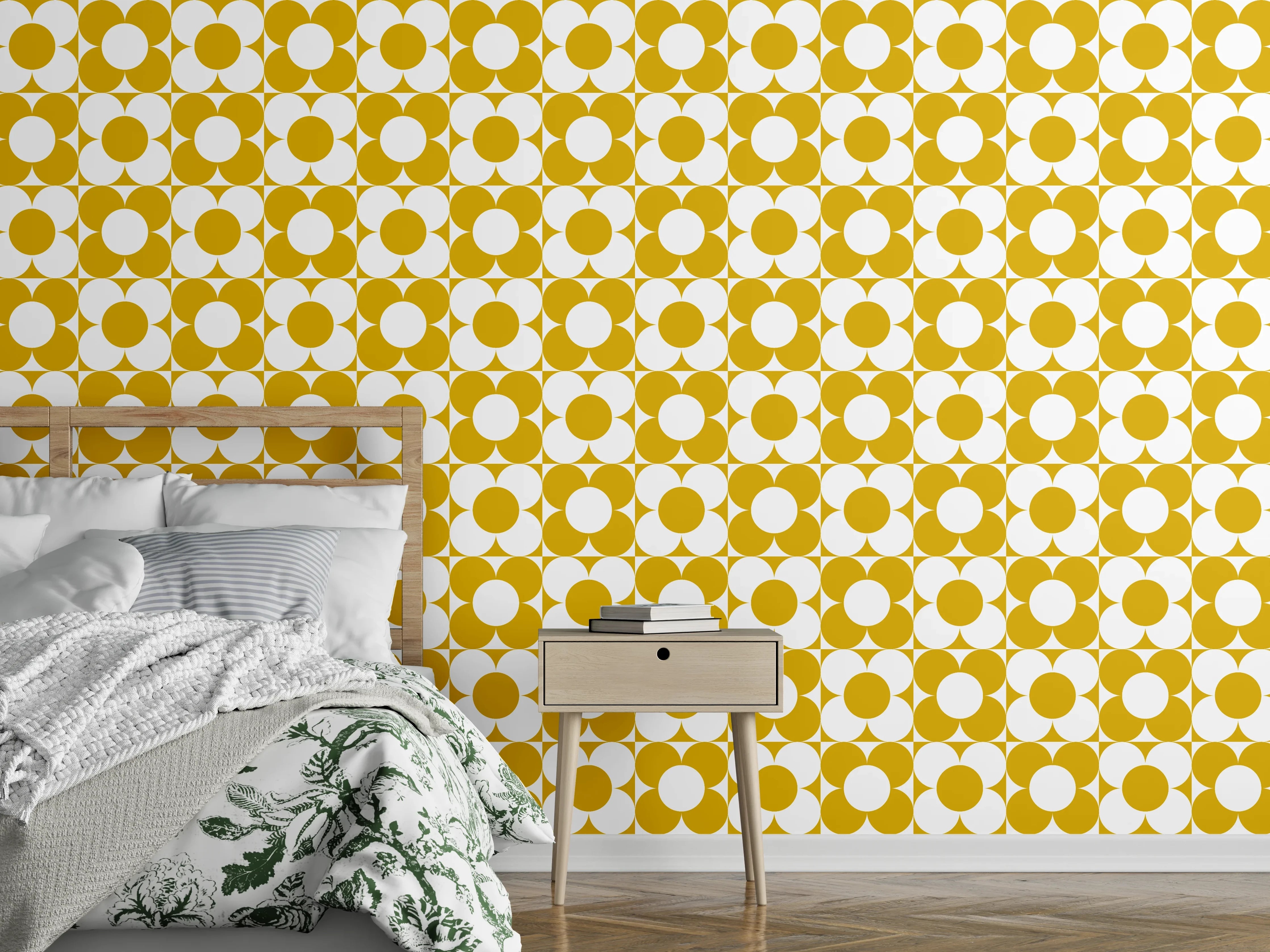 Wandverkleidung Schlafzimmer - Retro-Muster in Gelb-Weiß-Optik