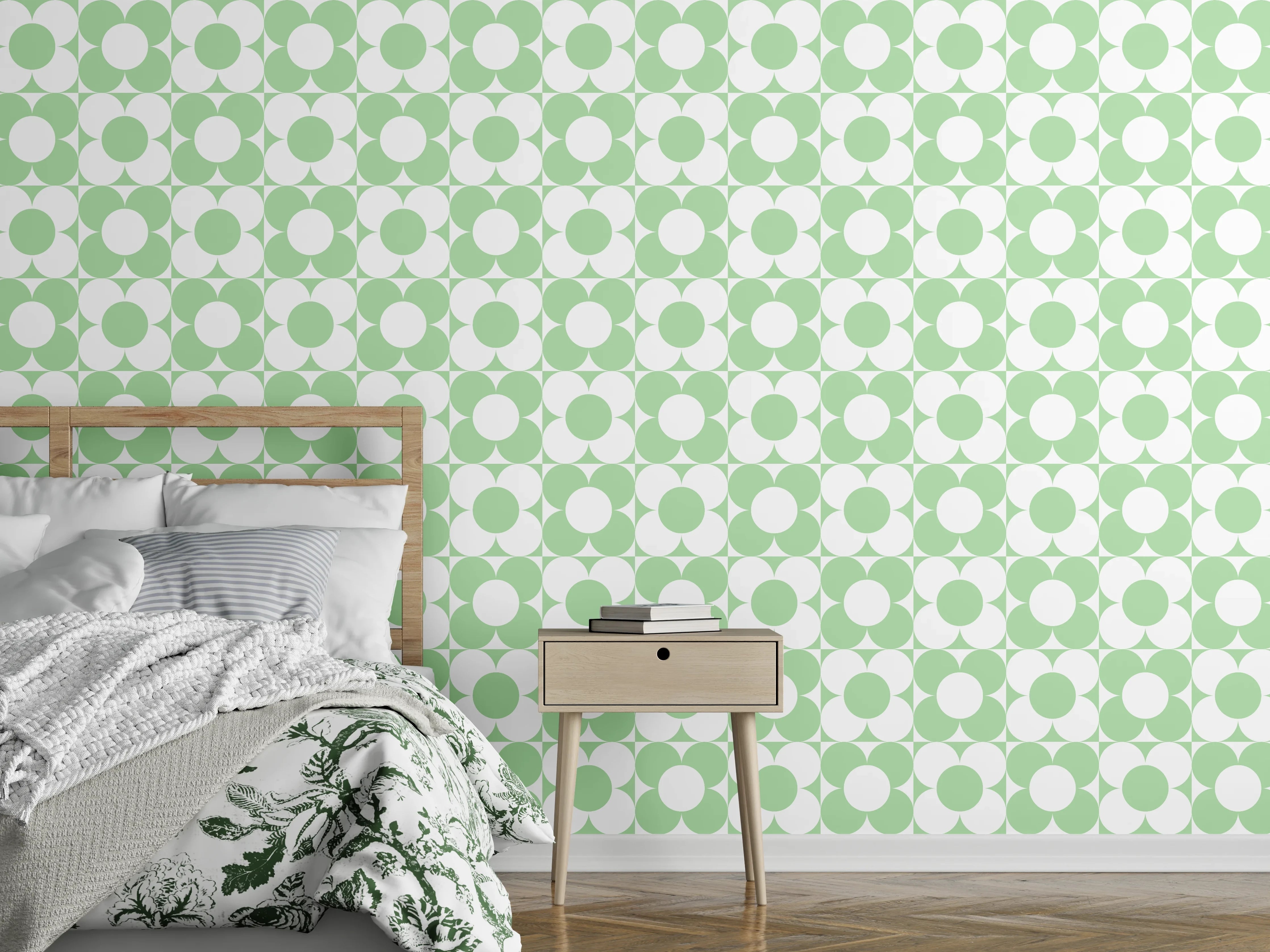 Wandverkleidung Schlafzimmer - Retro Muster in Mintgrün und Weiß