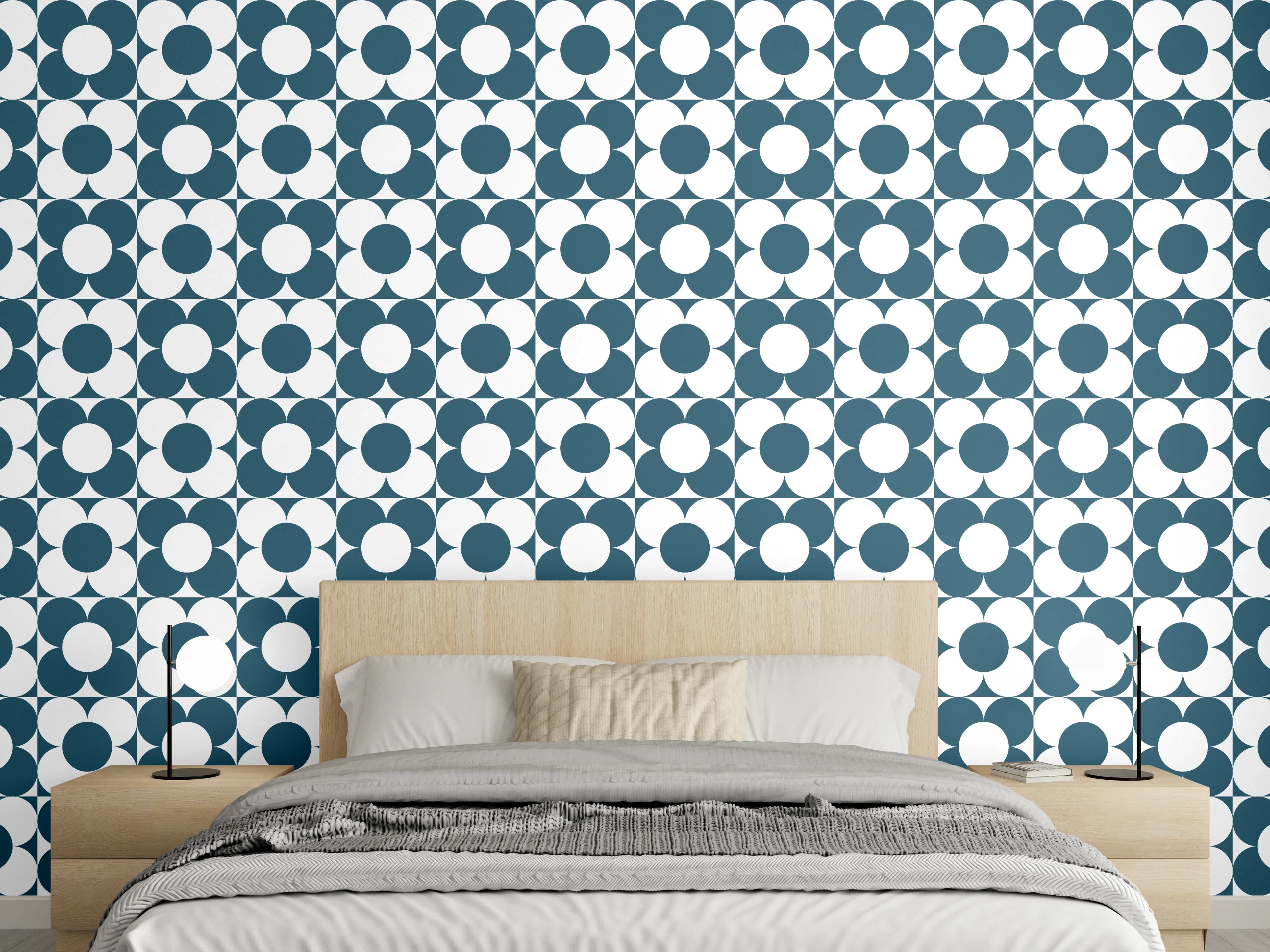 Wandverkleidung Schlafzimmer - Retro-Muster: Blau-weiße Kreise