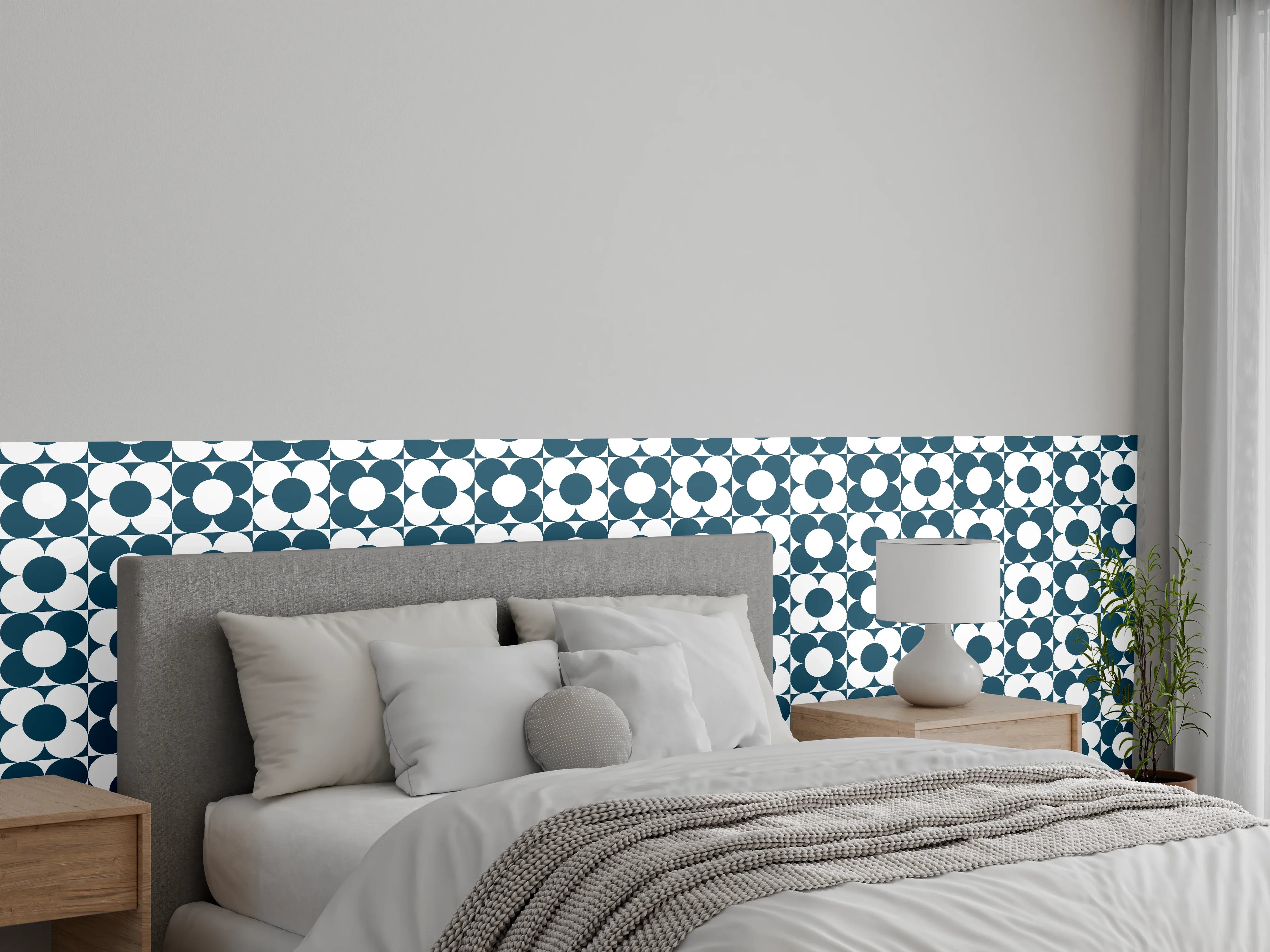 Wandverkleidung Schlafzimmer - Retro-Muster: Blau-weiße Kreise