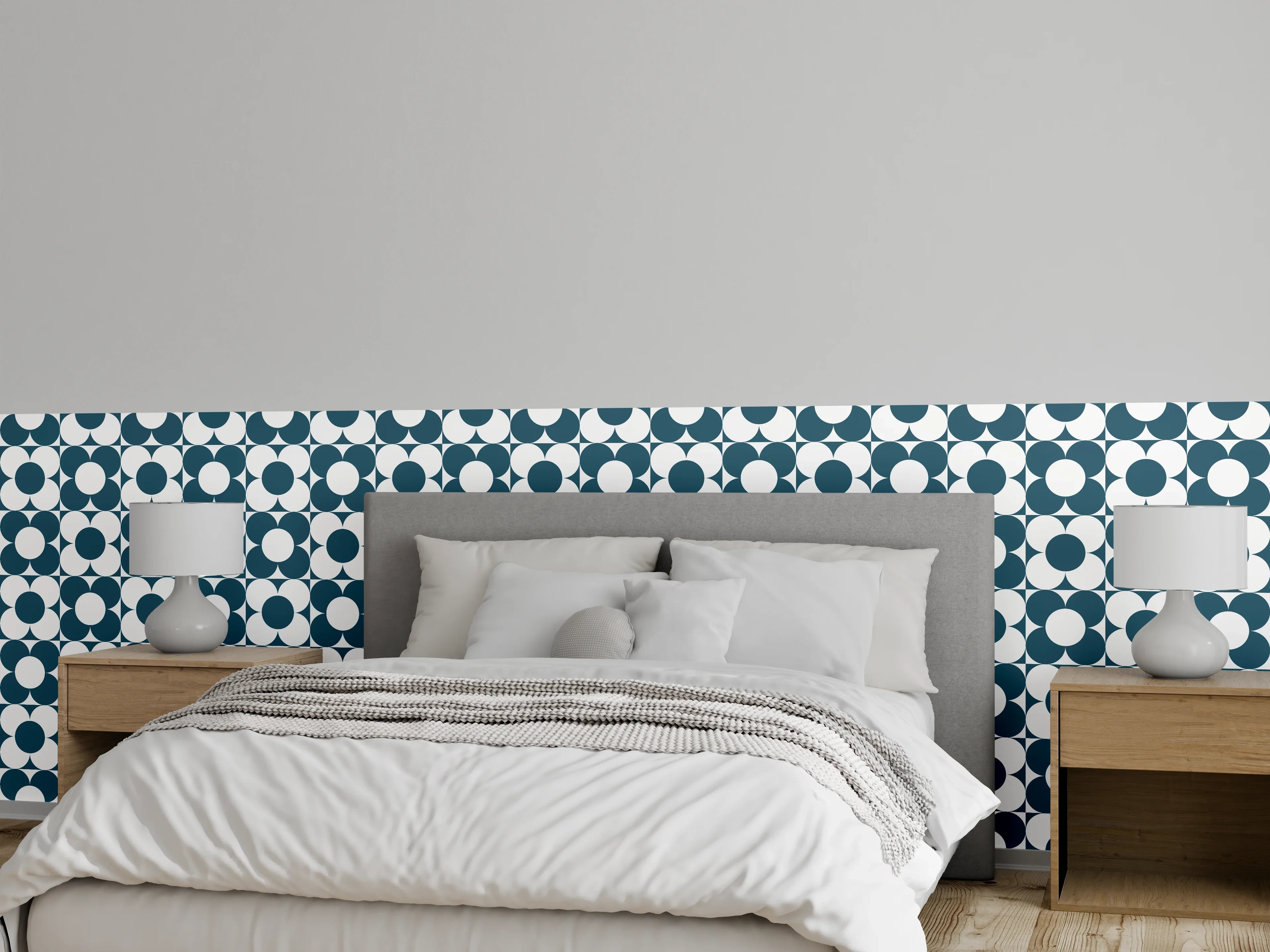 Wandverkleidung Schlafzimmer - Retro-Muster: Blau-weiße Kreise